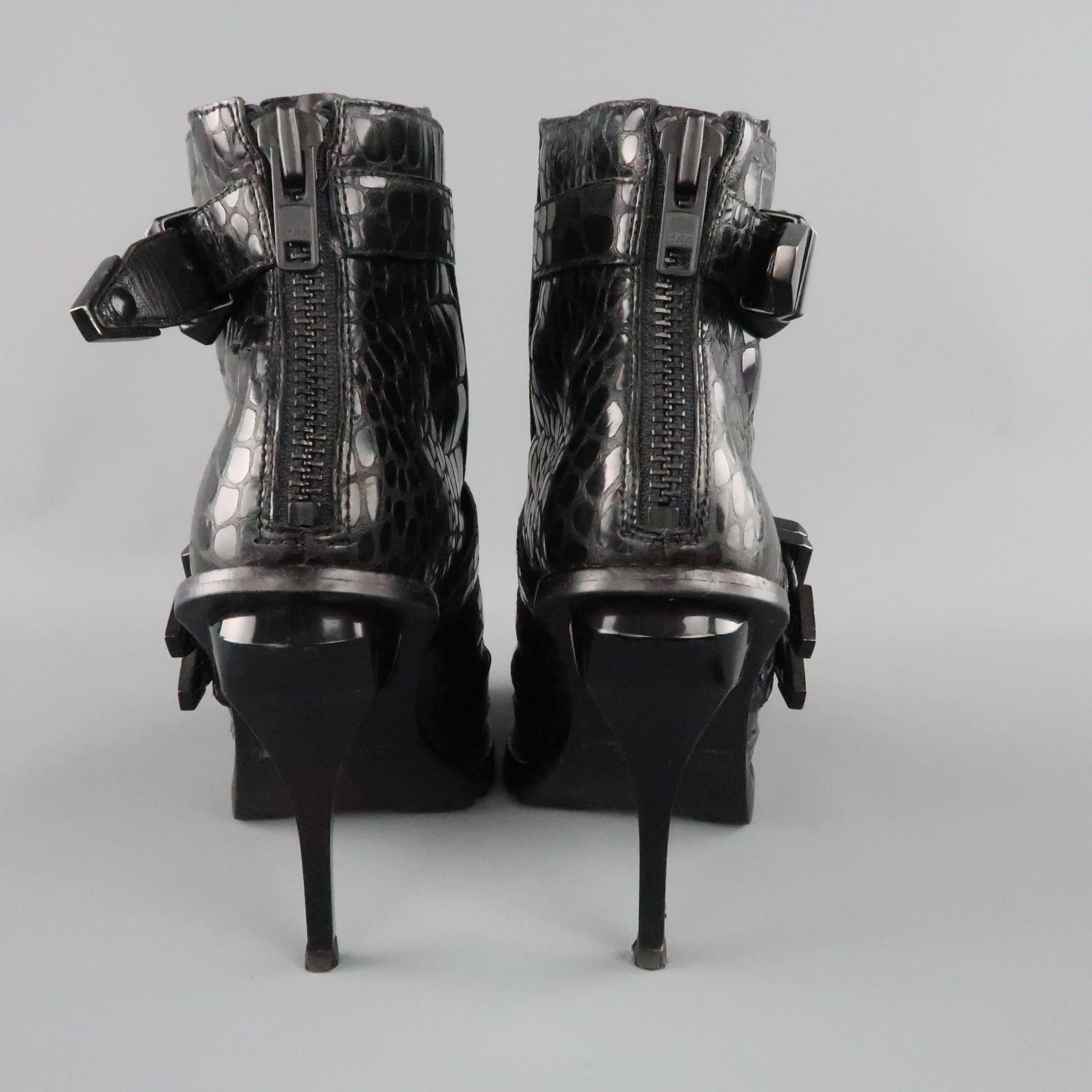 ALEXANDER WANG Size 8 Black Alligator Embossed Western Buckle Boots 3