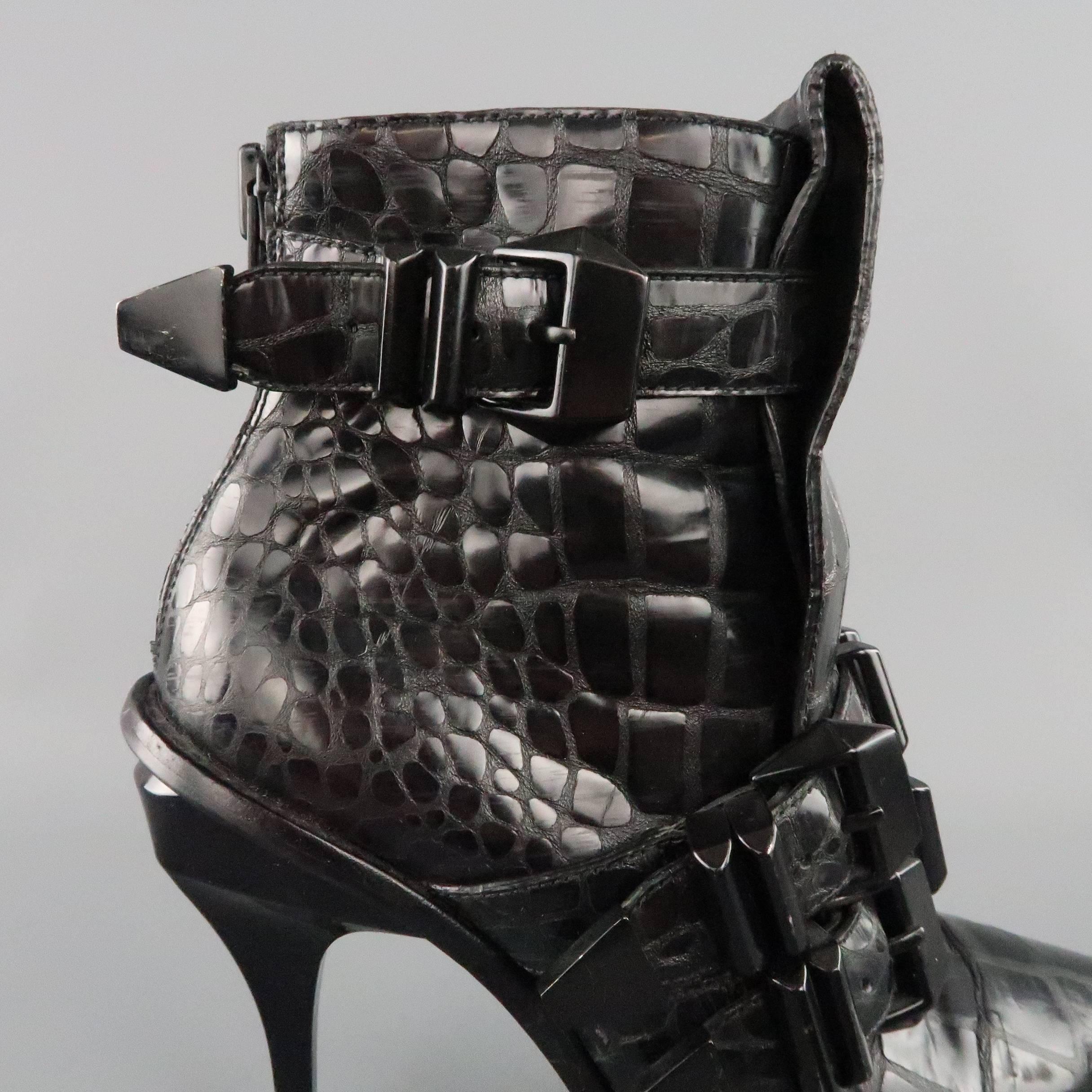 ALEXANDER WANG Size 8 Black Alligator Embossed Western Buckle Boots 1