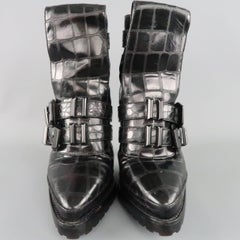 ALEXANDER WANG Size 8 Black Alligator Embossed Western Buckle Boots