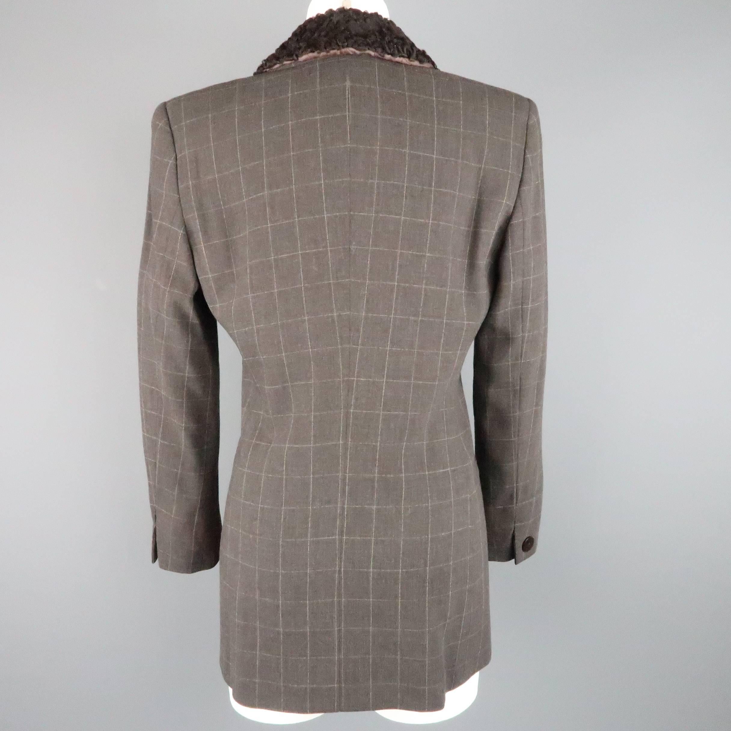 GIORGIO ARMANI Size 6 Brown Windowpane Wool Double Breasted Fur Collar Jacket 2