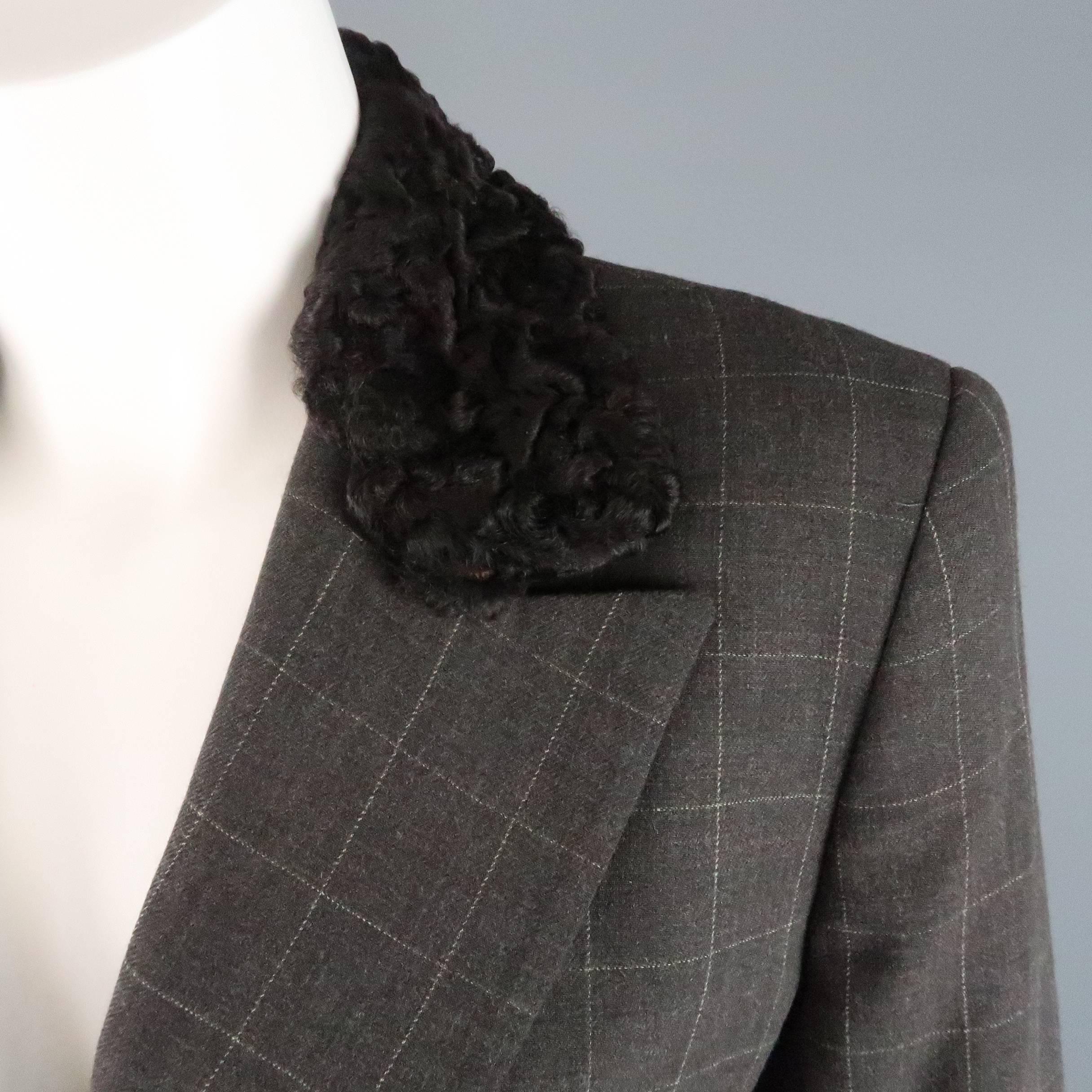 Black GIORGIO ARMANI Size 6 Brown Windowpane Wool Double Breasted Fur Collar Jacket