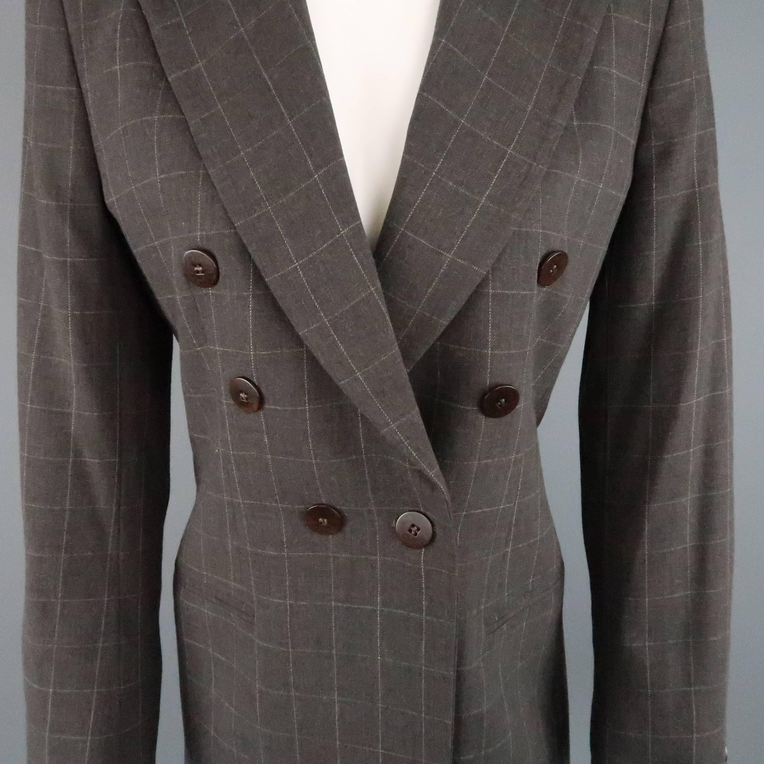 GIORGIO ARMANI Size 6 Brown Windowpane Wool Double Breasted Fur Collar Jacket In Good Condition In San Francisco, CA