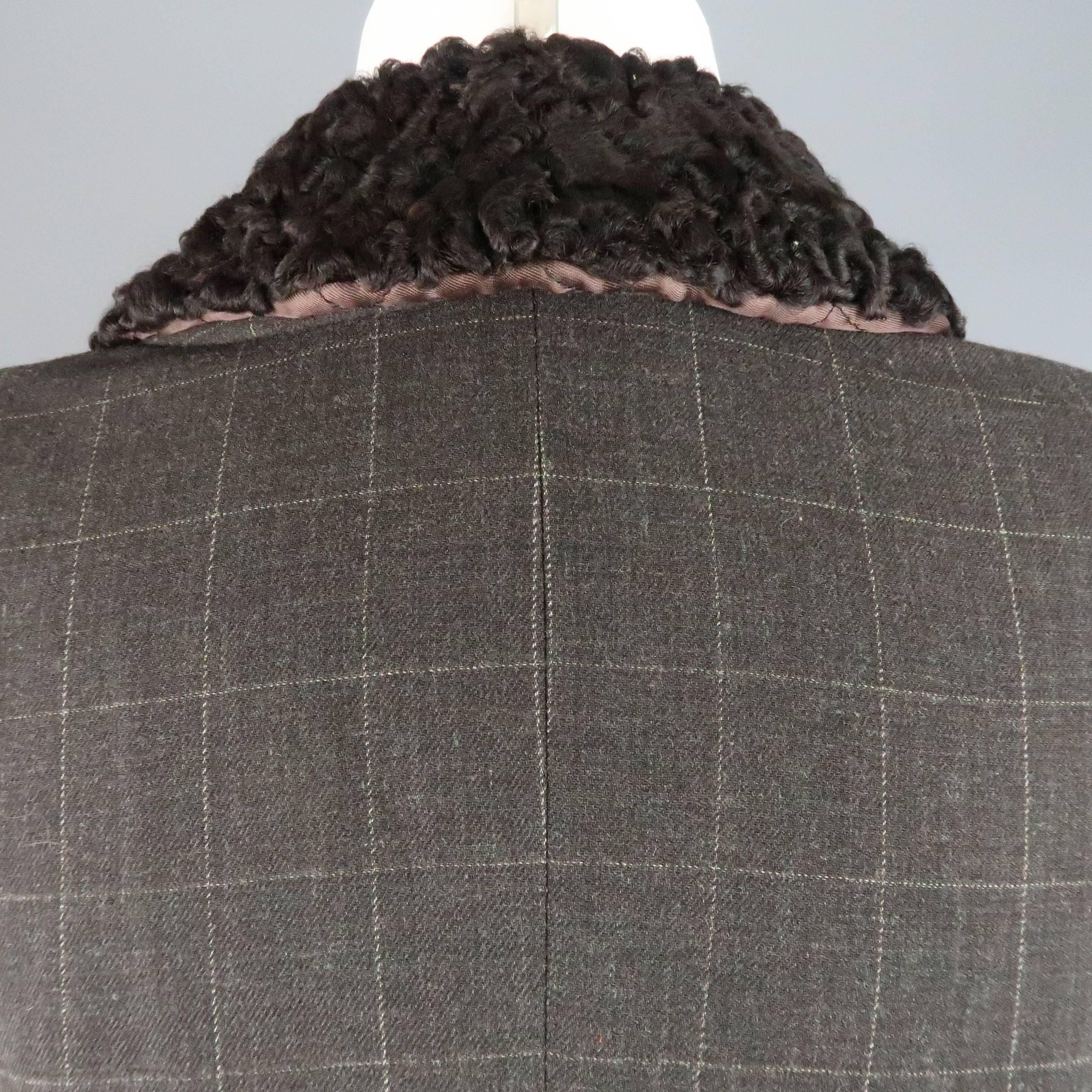 GIORGIO ARMANI Size 6 Brown Windowpane Wool Double Breasted Fur Collar Jacket 1