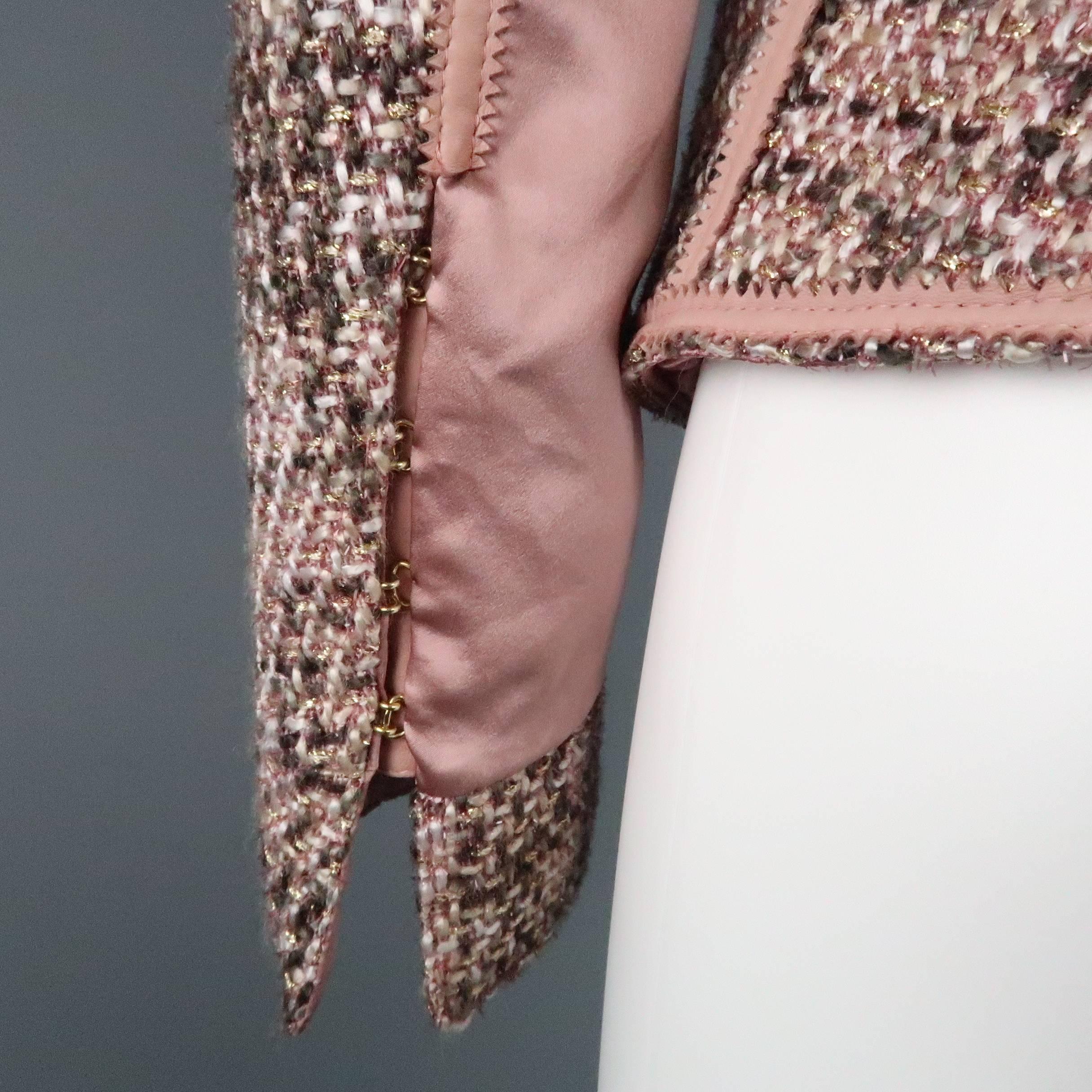ROBERTO CAVALLI 6 Rose Pink FLoral Embroidered Tweed & Satin Fur Trim Jacket 5