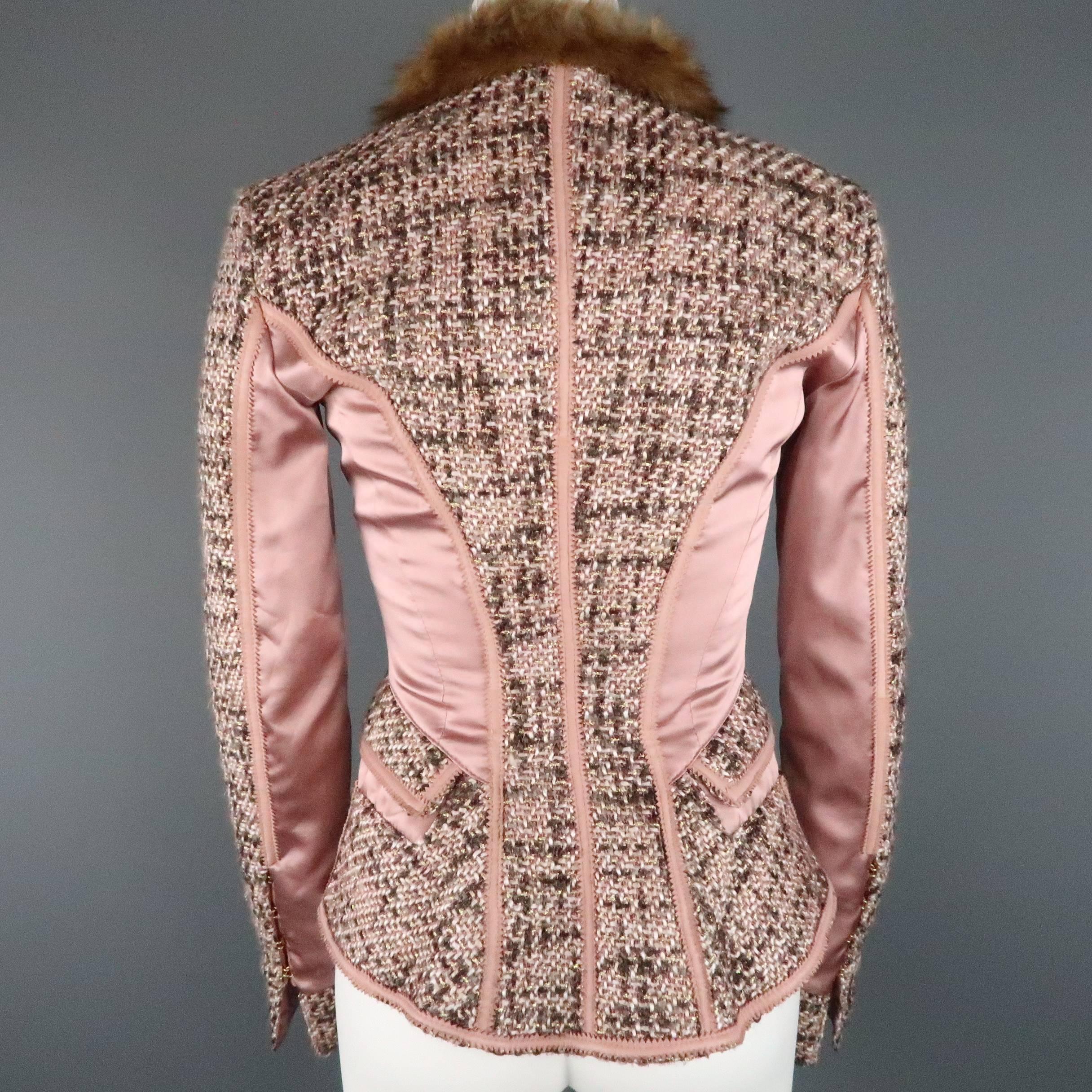 ROBERTO CAVALLI 6 Rose Pink FLoral Embroidered Tweed & Satin Fur Trim Jacket 4