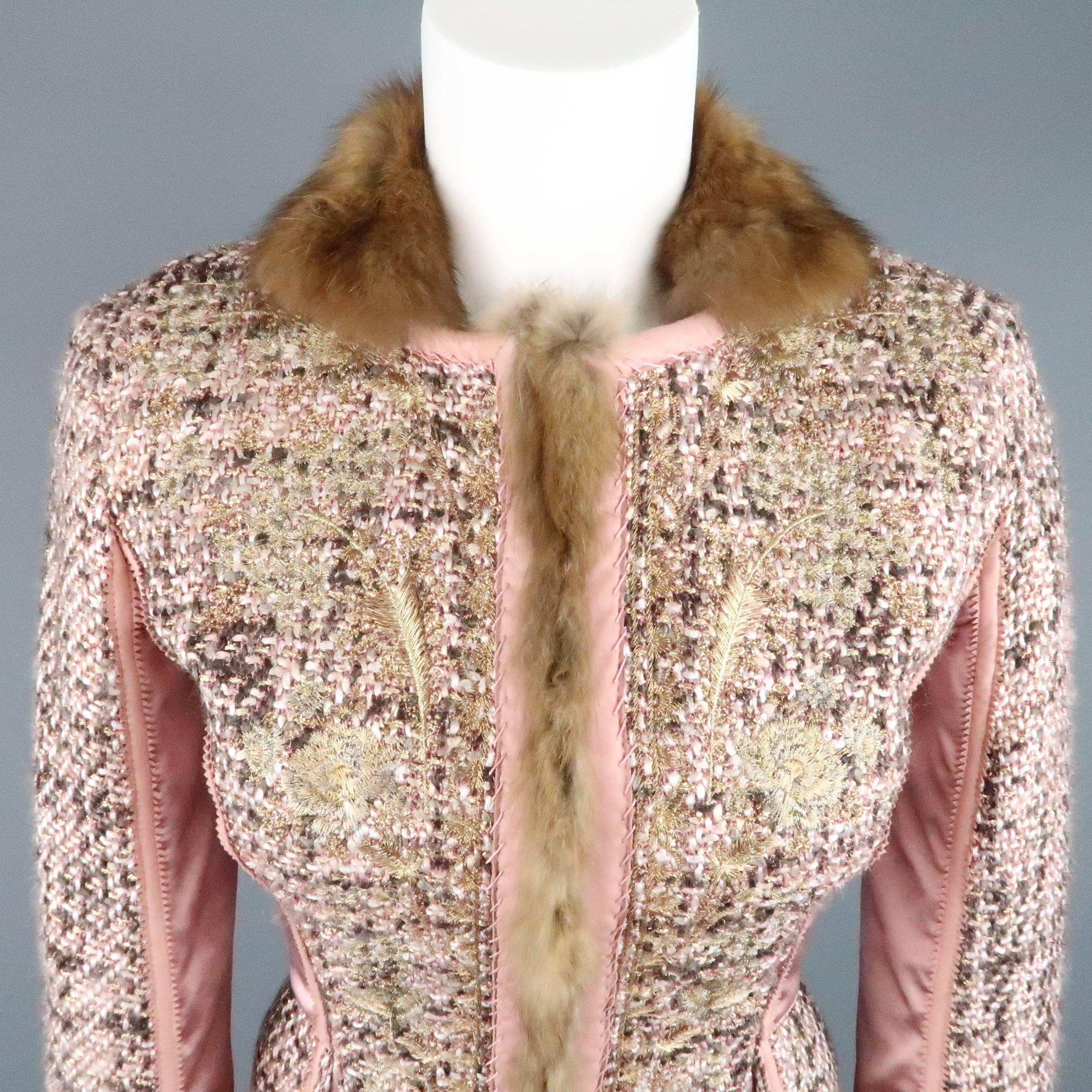 This fabulous ROBERTO CAVALLI tailored jacket comes in a pink, cream, gray, and gold  tweed with metallic floral embroidery throughout and features brown sable fur trim and collar, satin panels, scalloped leather piping, and gold tone hook eye