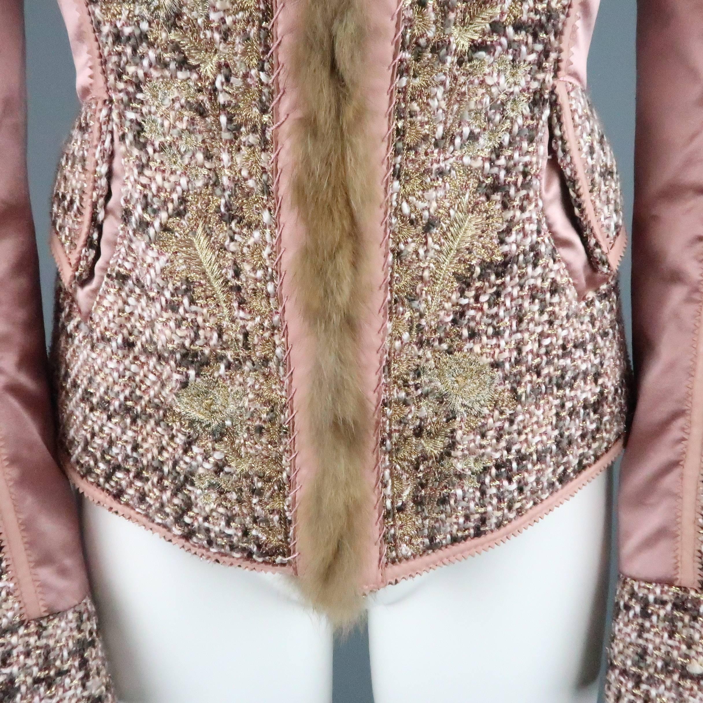 Beige ROBERTO CAVALLI 6 Rose Pink FLoral Embroidered Tweed & Satin Fur Trim Jacket