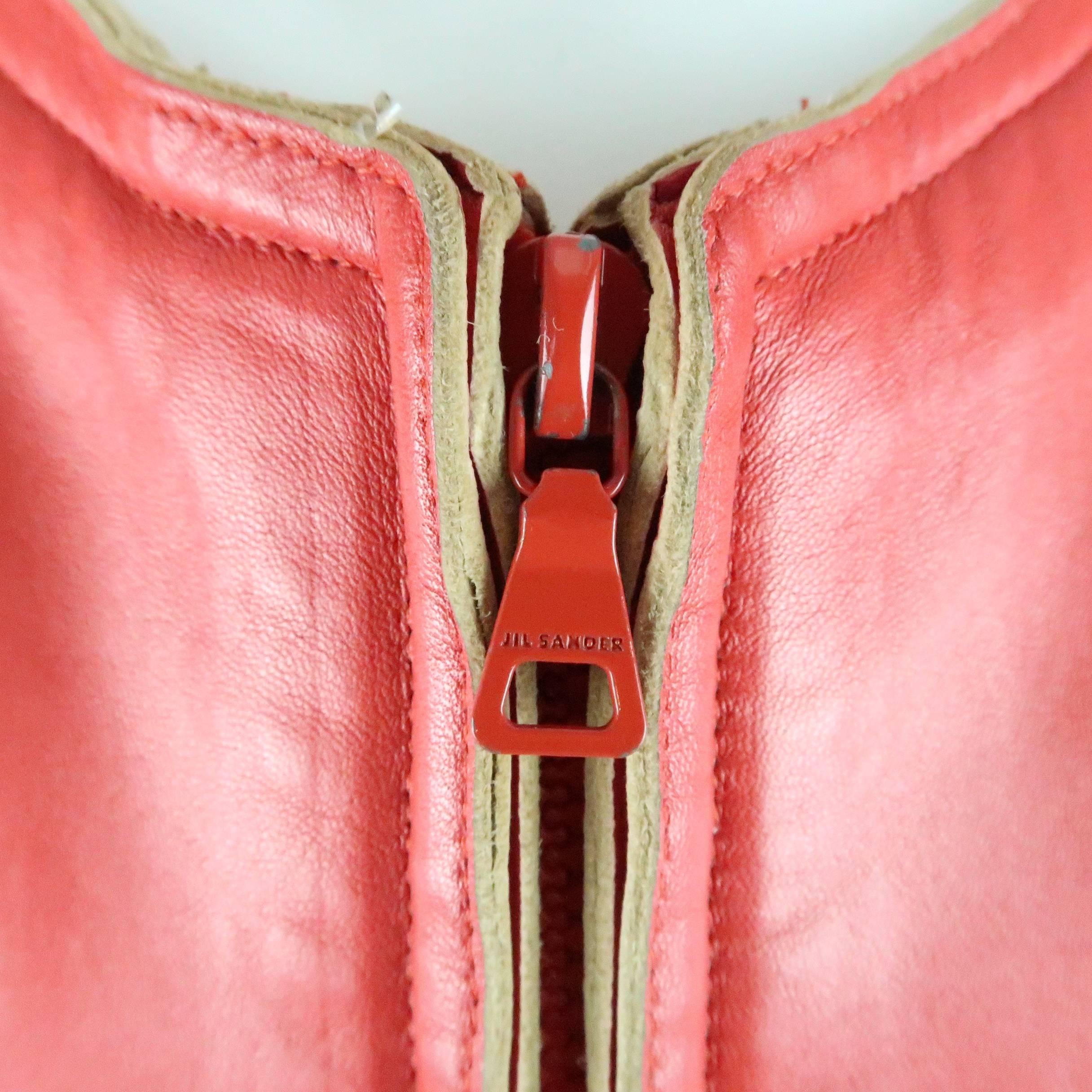 Women's or Men's JIL SANDER Size L Red Raw Edge Leather Collarless Zip Jacket