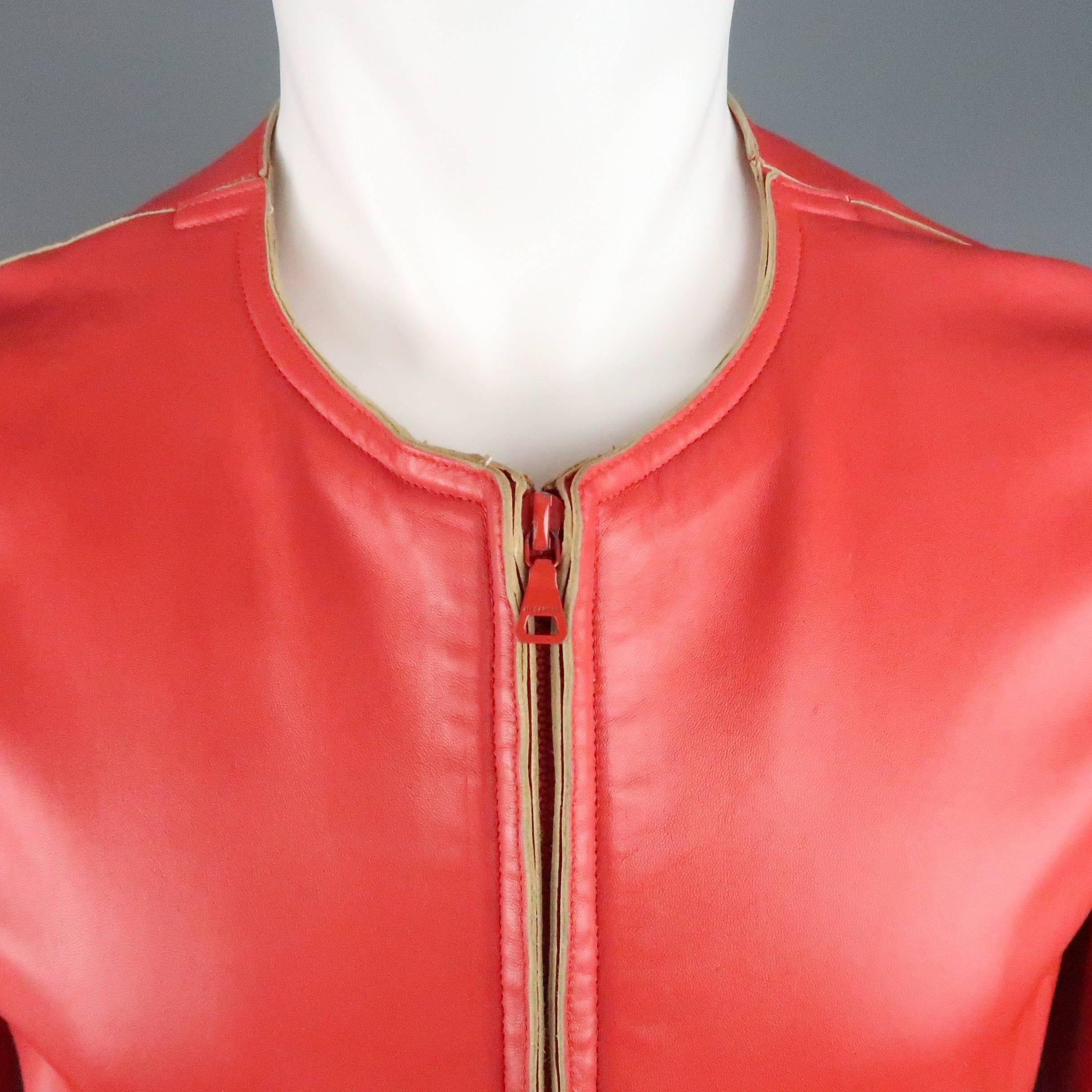 JIL SANDER Size L Red Raw Edge Leather Collarless Zip Jacket In Good Condition In San Francisco, CA