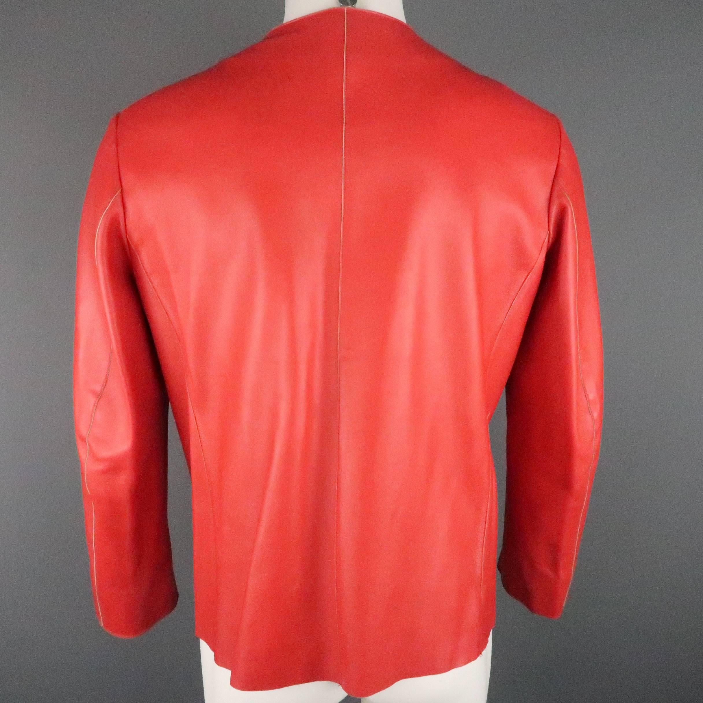 JIL SANDER Size L Red Raw Edge Leather Collarless Zip Jacket 2