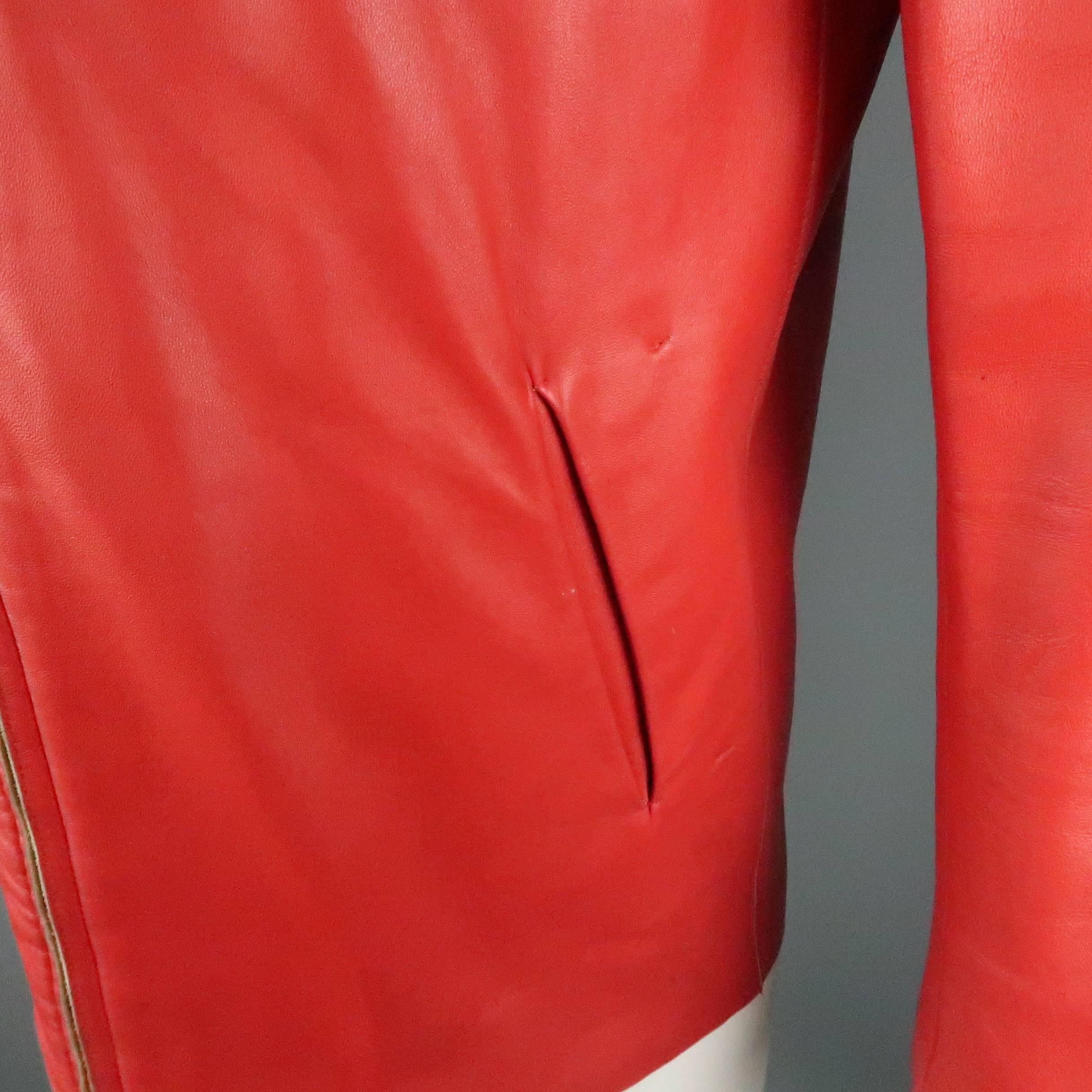 JIL SANDER Size L Red Raw Edge Leather Collarless Zip Jacket 1