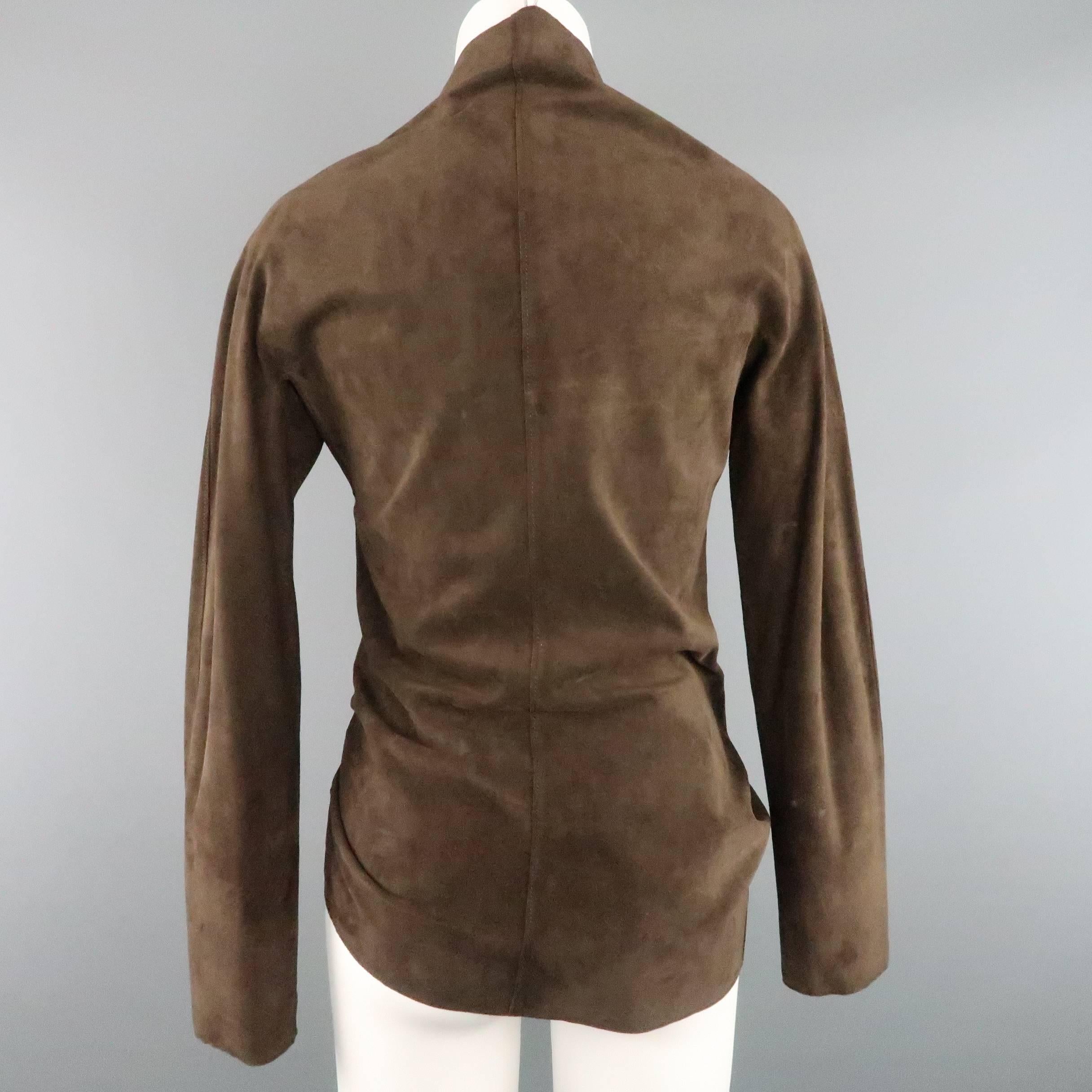 LANVIN Size 4 Brown Asymmetrical Draped Suede Zip Jacket 1