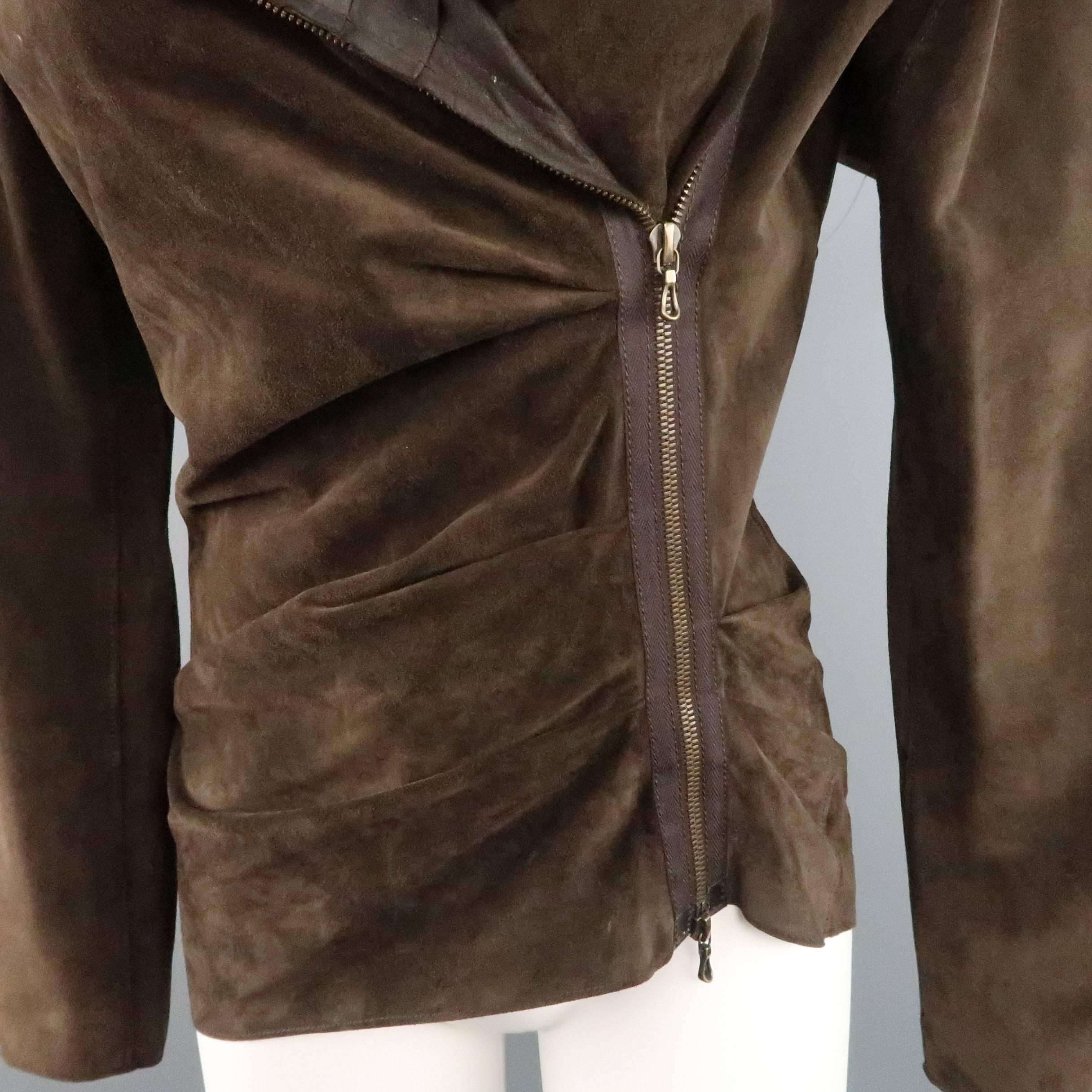 Black LANVIN Size 4 Brown Asymmetrical Draped Suede Zip Jacket