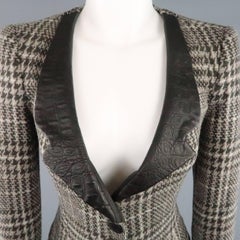 ARMANI COLLEZIONI Size 6 Taupe Houndstooth Wool Aligator Leather Collar Jacket
