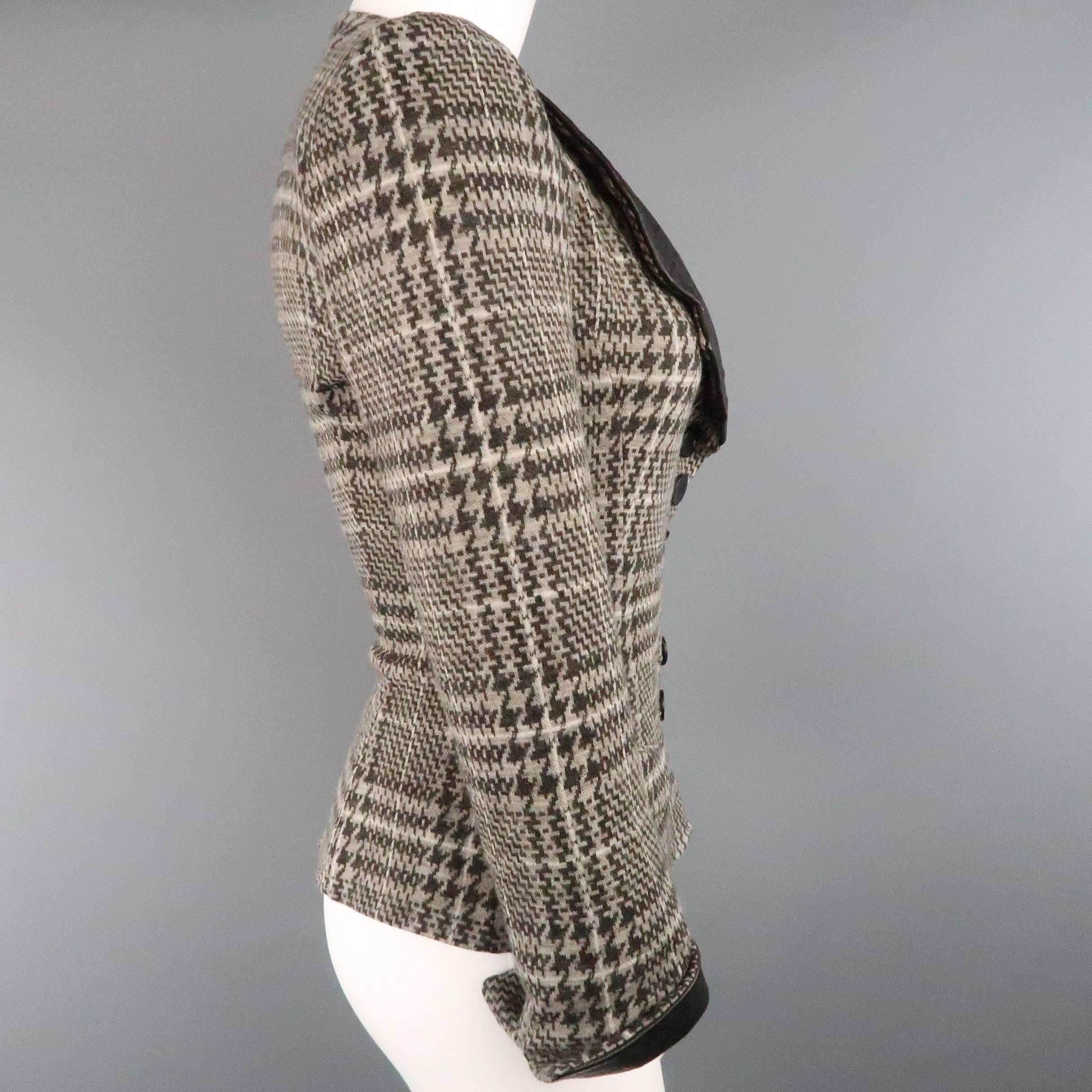 ARMANI COLLEZIONI Size 6 Taupe Houndstooth Wool Aligator Leather Collar Jacket In Excellent Condition In San Francisco, CA