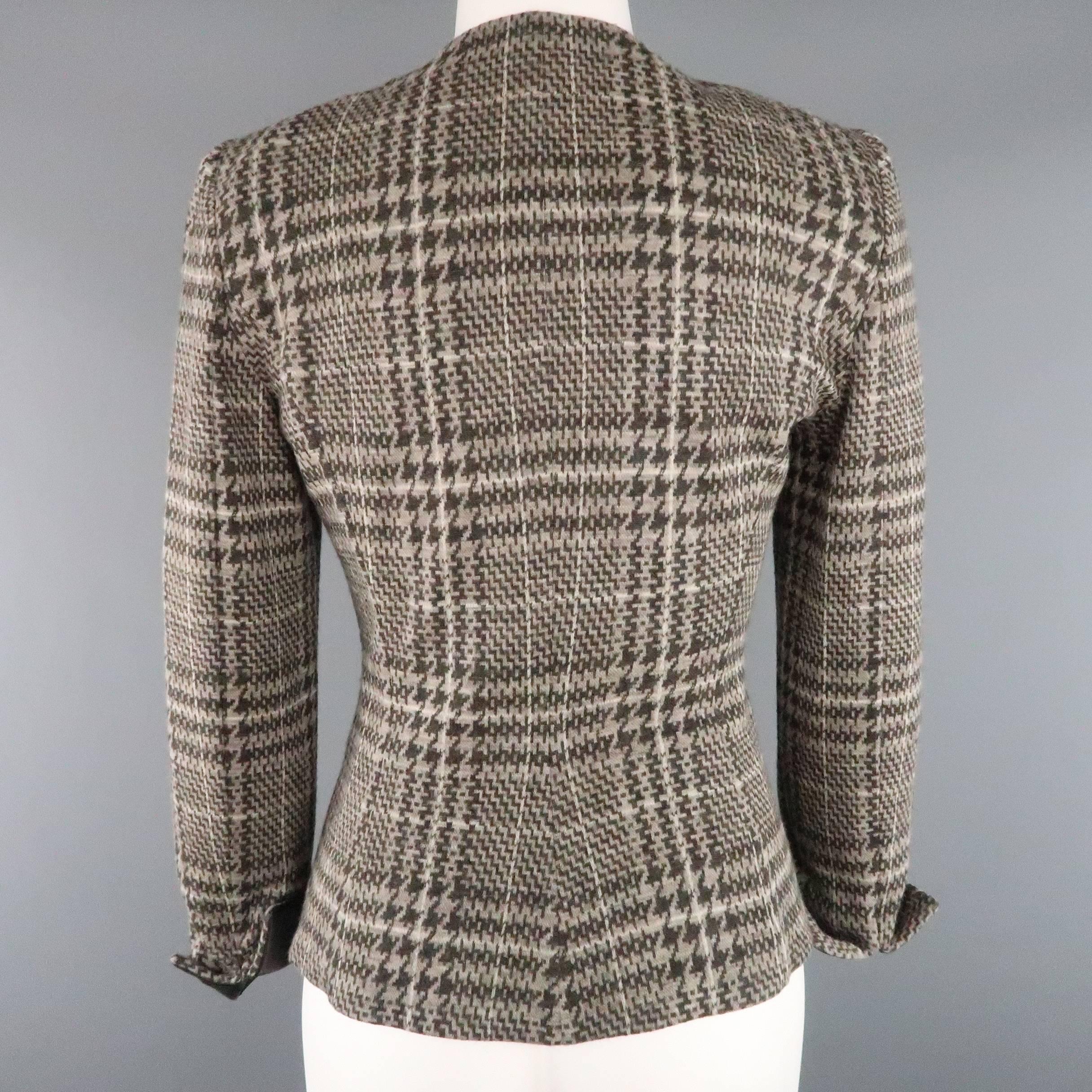 ARMANI COLLEZIONI Size 6 Taupe Houndstooth Wool Aligator Leather Collar Jacket 2