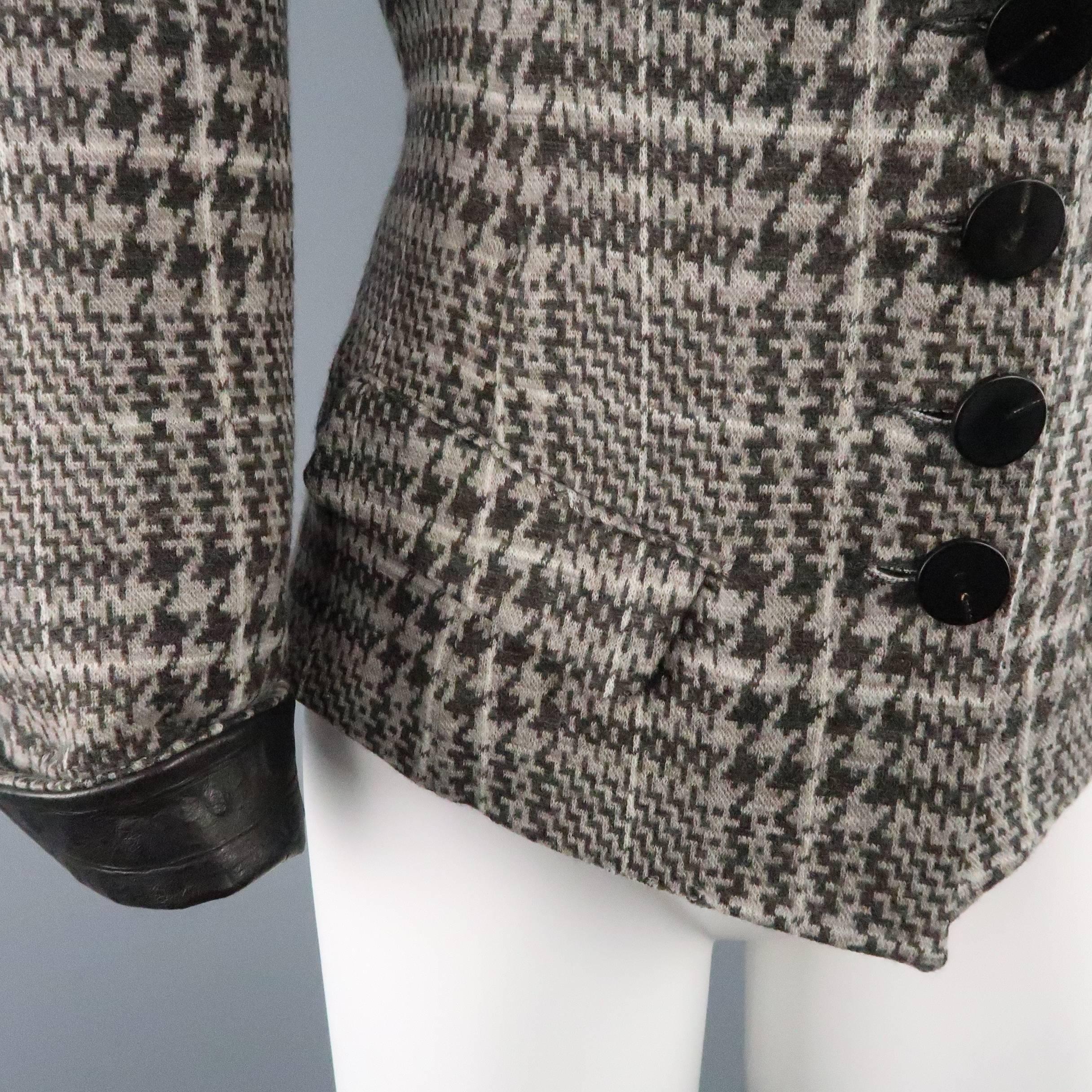 Gray ARMANI COLLEZIONI Size 6 Taupe Houndstooth Wool Aligator Leather Collar Jacket