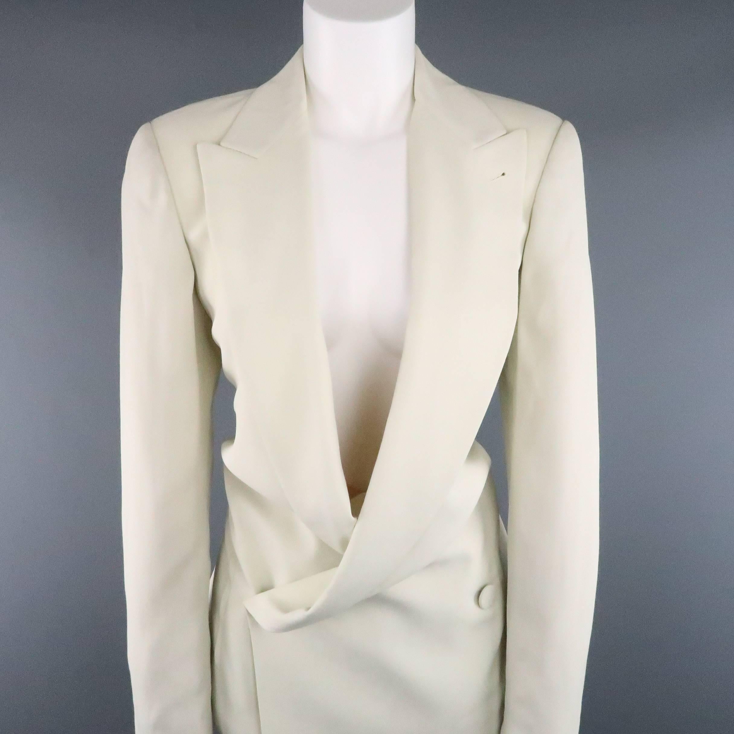 JEAN PAUL GAULTIER CLASSIQUE skirt suit comes in an off white rayon blend fabric and includes a  double breasted, peak lapel sport coat with fabric button cuffs and matching button side pencil skirt. Some small marks from storage. As-Is. Made in