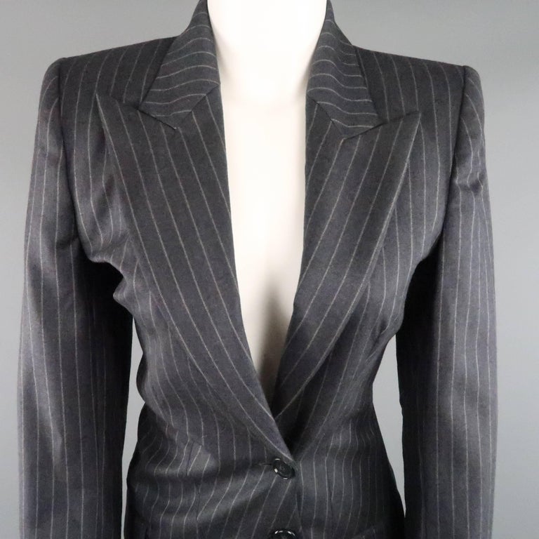 COPPERWHEAT BLUNDELL 12 Gray Pinstripe Wool Asymmetrical Peak Lapel Skirt Suit at 1stDibs grey