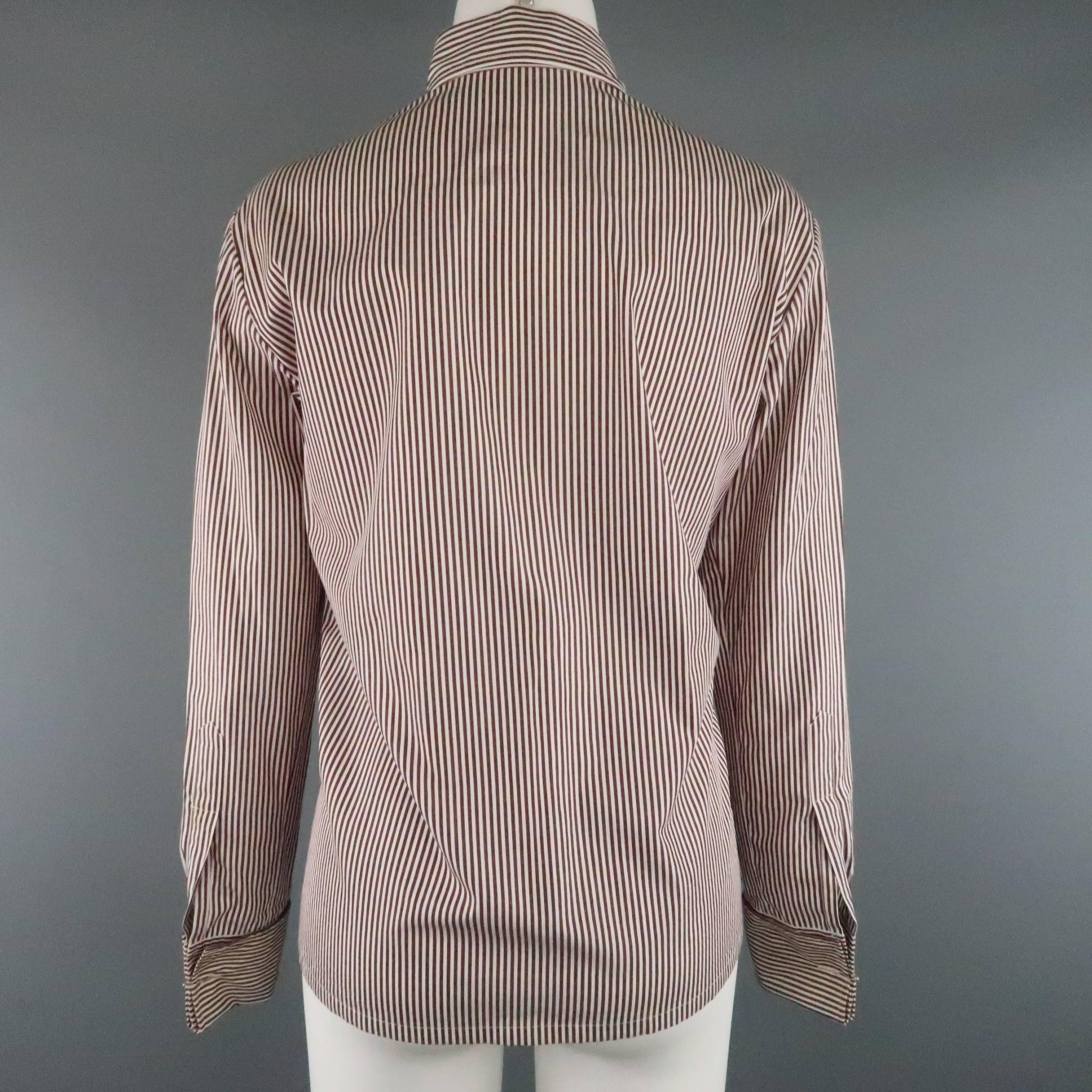 COPPERWHEAT BLUNDELL 12 Burgundy Stripe Cotton Asymmetrical French Cuff Blouse In Good Condition In San Francisco, CA