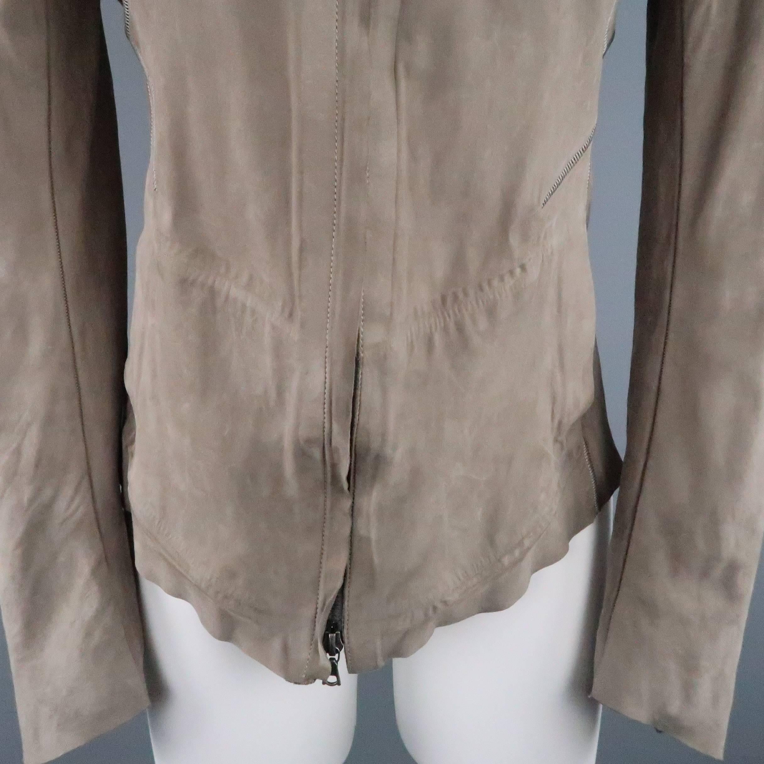 Brown ISAAC SELLAM Size 4 Taupe Distressed Nubuck Leather Staples Jacket