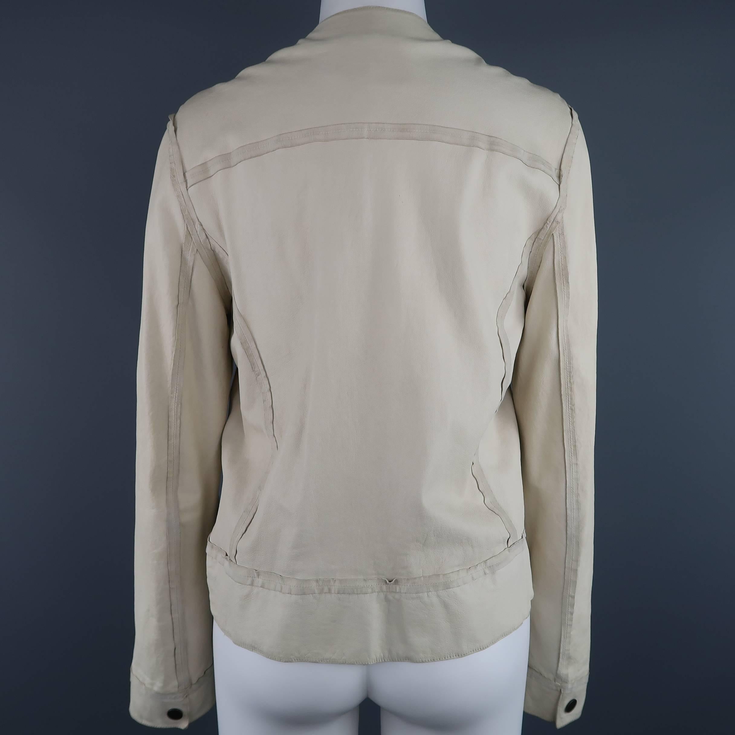 Women's LANVIN Size 4 Off White Leather Collarless Ruffle Zip Jacket