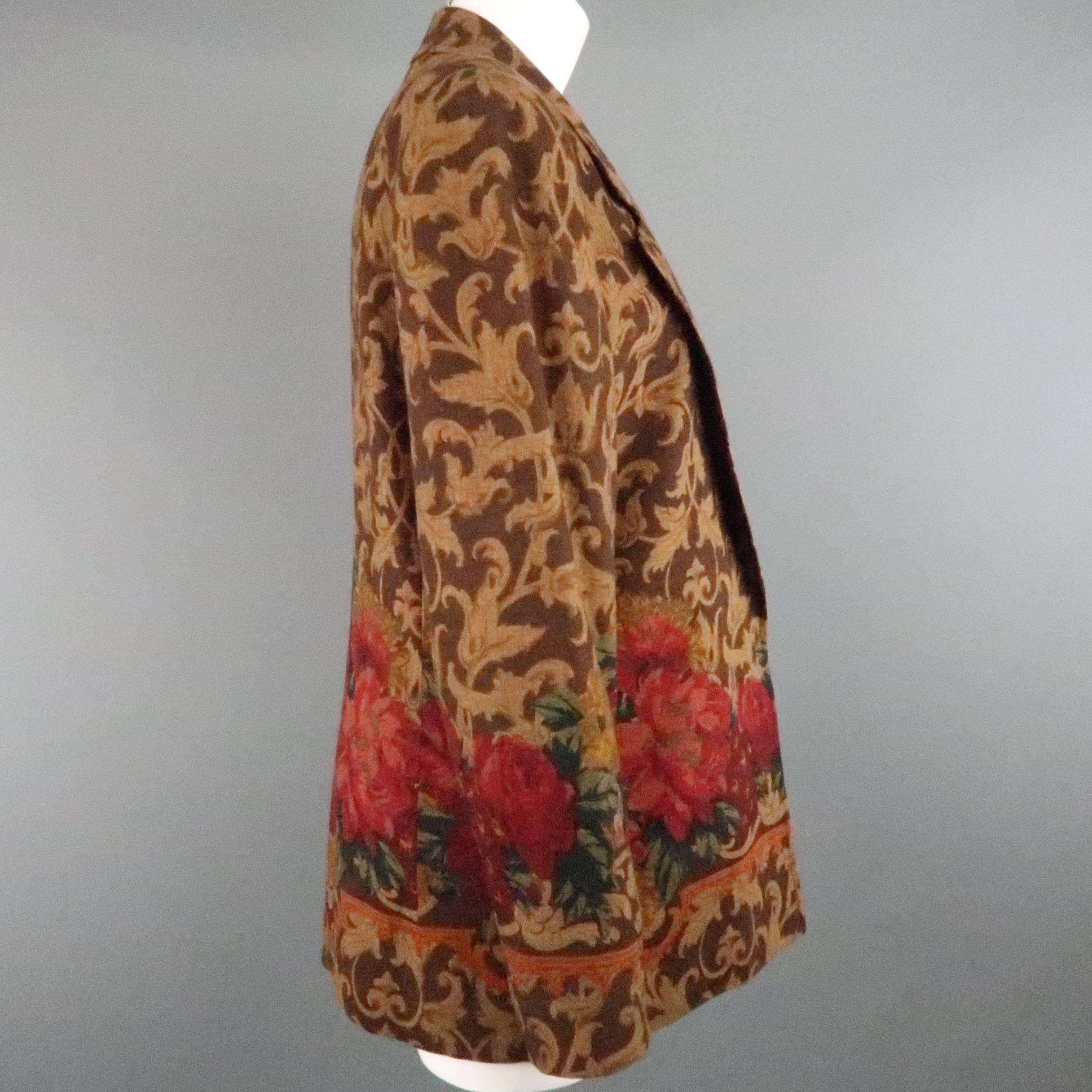 VALENTINO Size 12 Brown Boroque & Red Floral Print Open Sport Coat 1