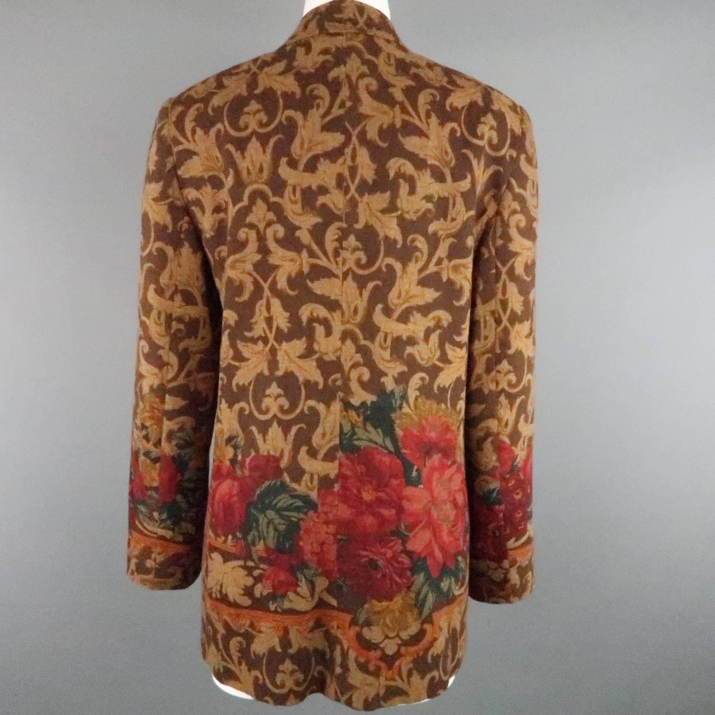 VALENTINO Size 12 Brown Boroque & Red Floral Print Open Sport Coat 3