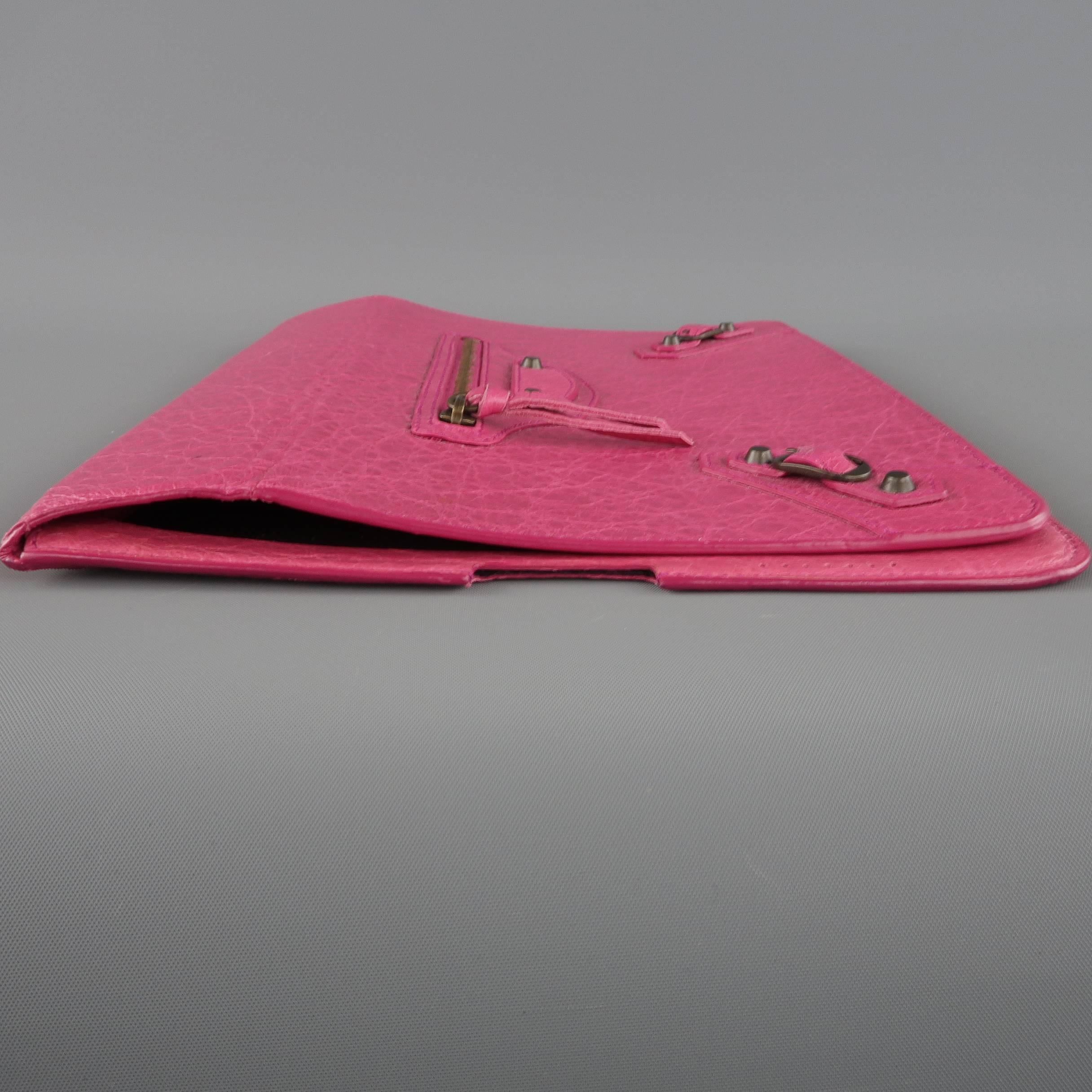 BALENCIAGA Dark Fuchsia Pink Textured Leather Moto Ipad 2 Stand Case In Good Condition In San Francisco, CA