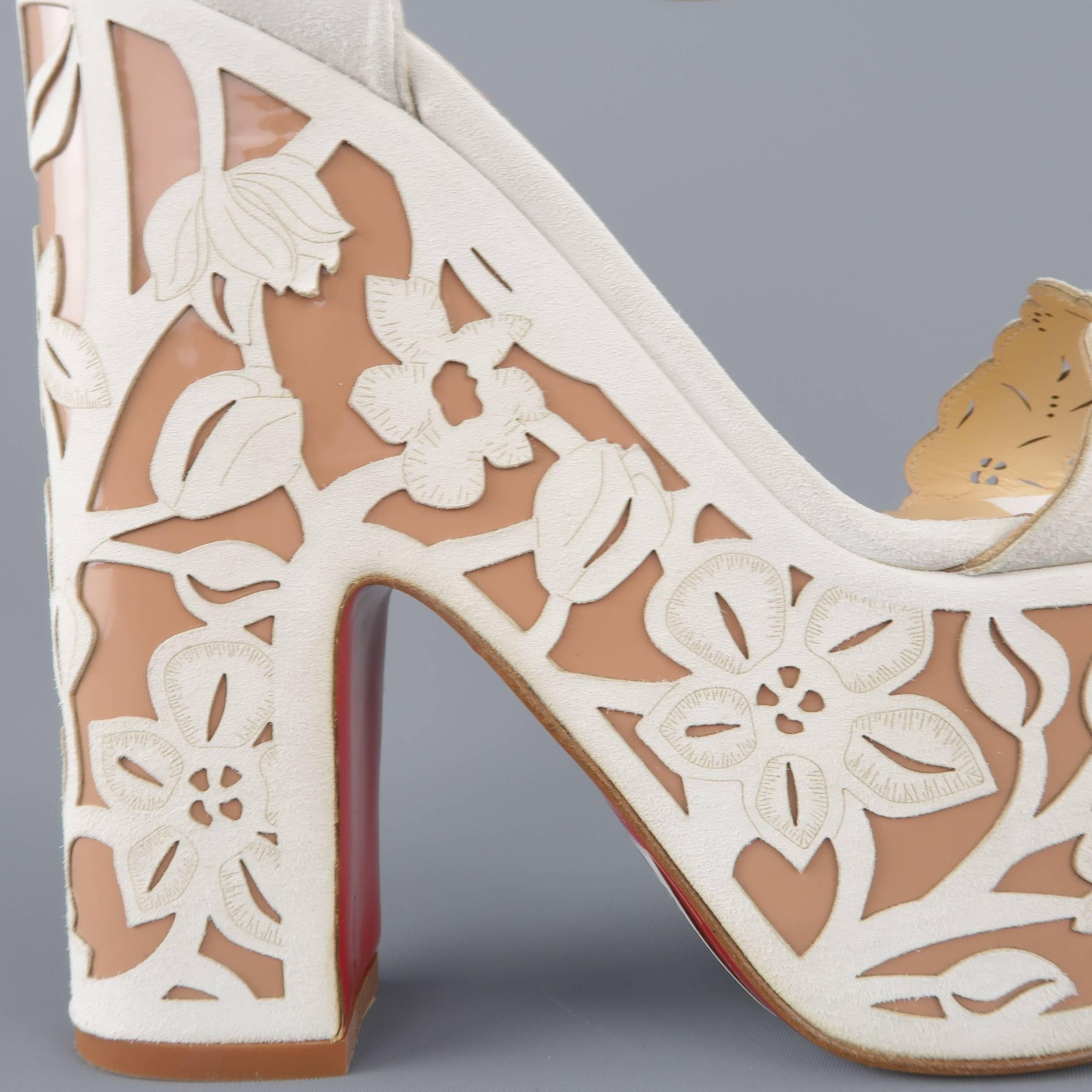 Stunning CHRISTIAN LOUBOUTON "Houghton" platform sandals come in an off white nubuck sueded leather with floral lace cutout details and features a Mary Jane ankle strap, cutout toe strap, and tall beige patent leather covered platform and
