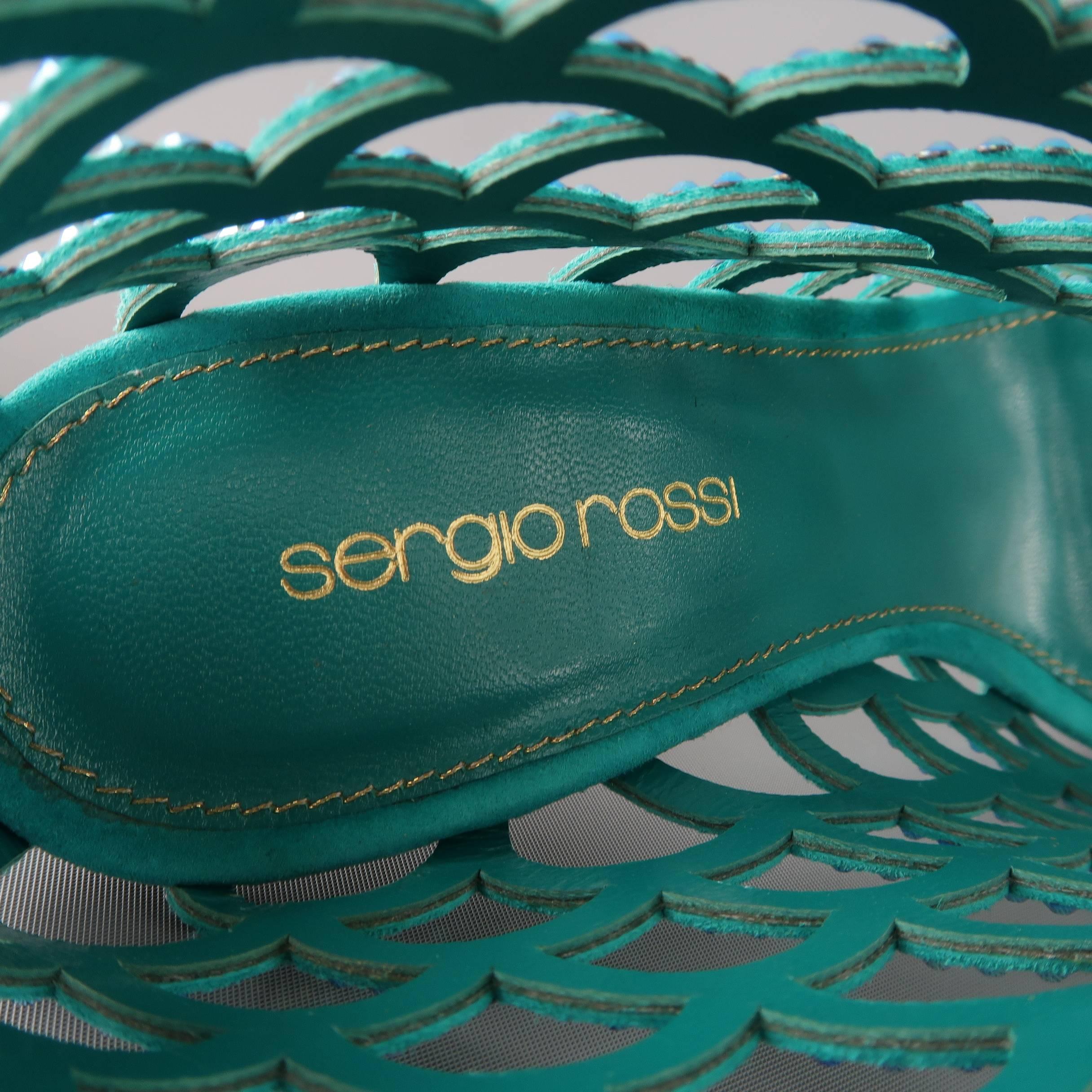Women's SERGIO ROSSI Size 8.5 Aqua Rhinestone Suede Peep Toe Cage Mermaid Sandals