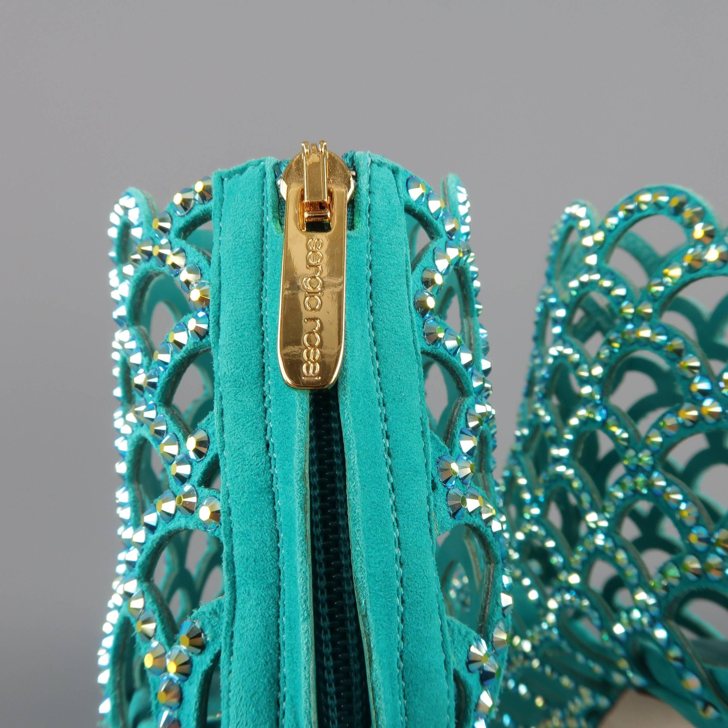 SERGIO ROSSI Size 8.5 Aqua Rhinestone Suede Peep Toe Cage Mermaid Sandals In Excellent Condition In San Francisco, CA