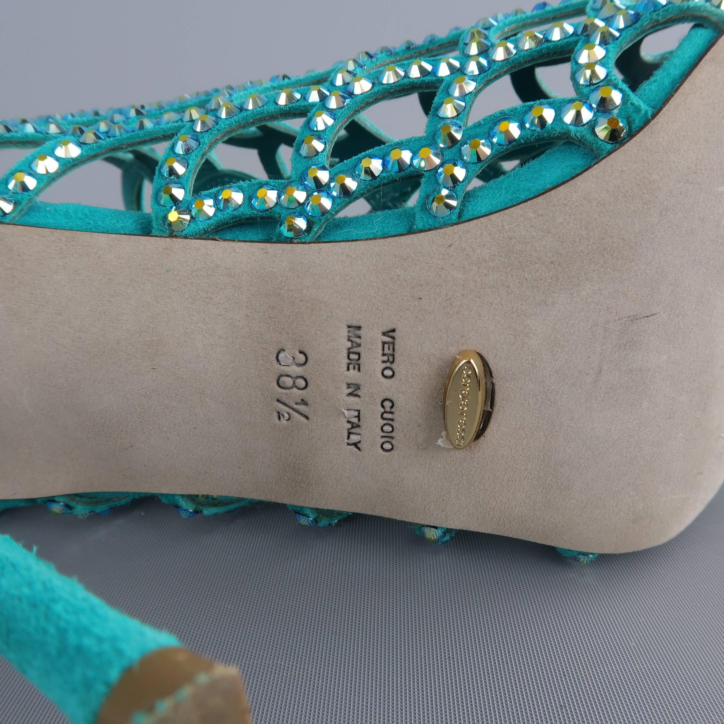SERGIO ROSSI Size 8.5 Aqua Rhinestone Suede Peep Toe Cage Mermaid Sandals 1
