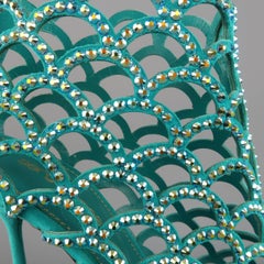 SERGIO ROSSI Size 8.5 Aqua Rhinestone Suede Peep Toe Cage Mermaid Sandals