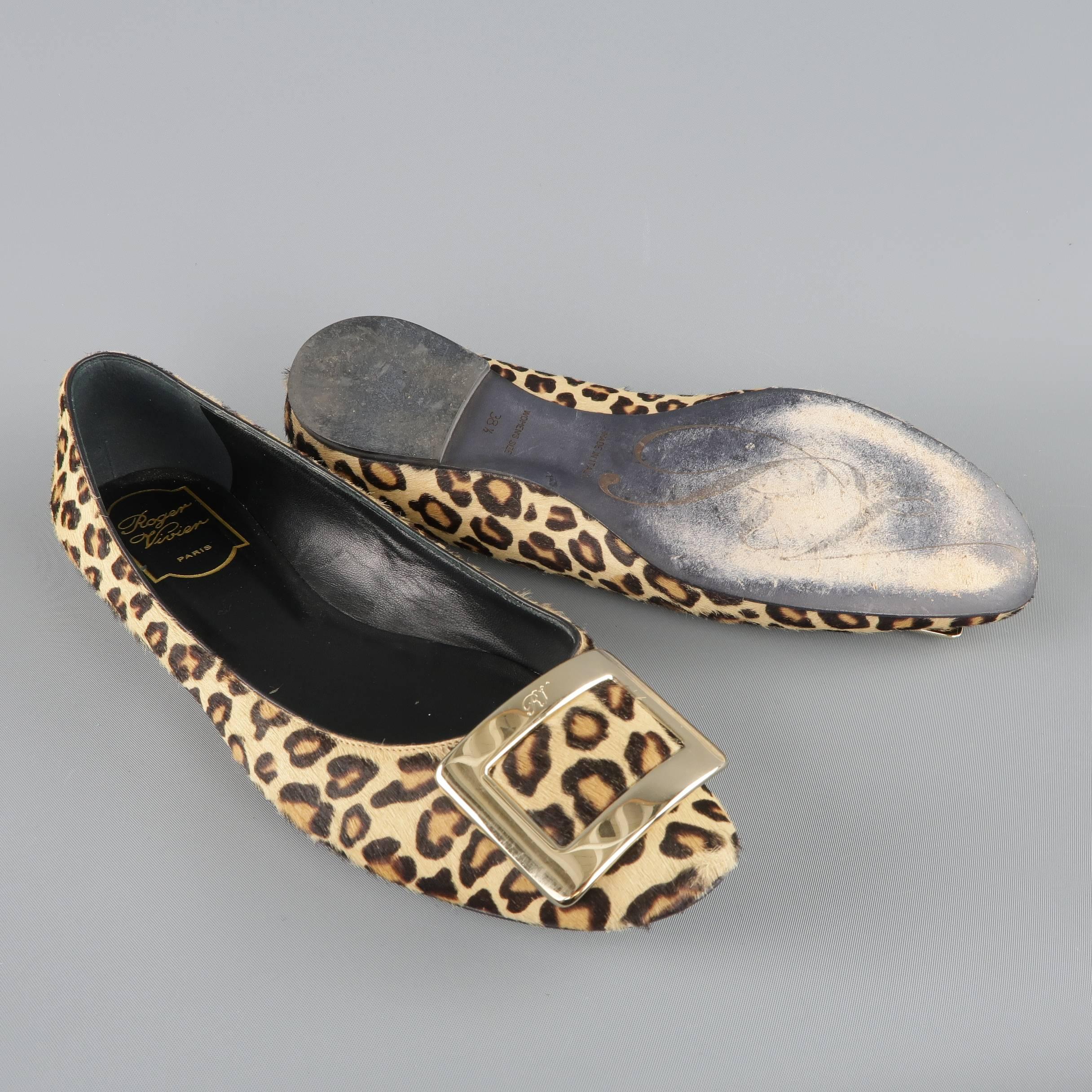 ROGER VIVIER Size 8.5 Beige Cheetah Leopard Pony Hair Gold Buckle Flats In Good Condition In San Francisco, CA