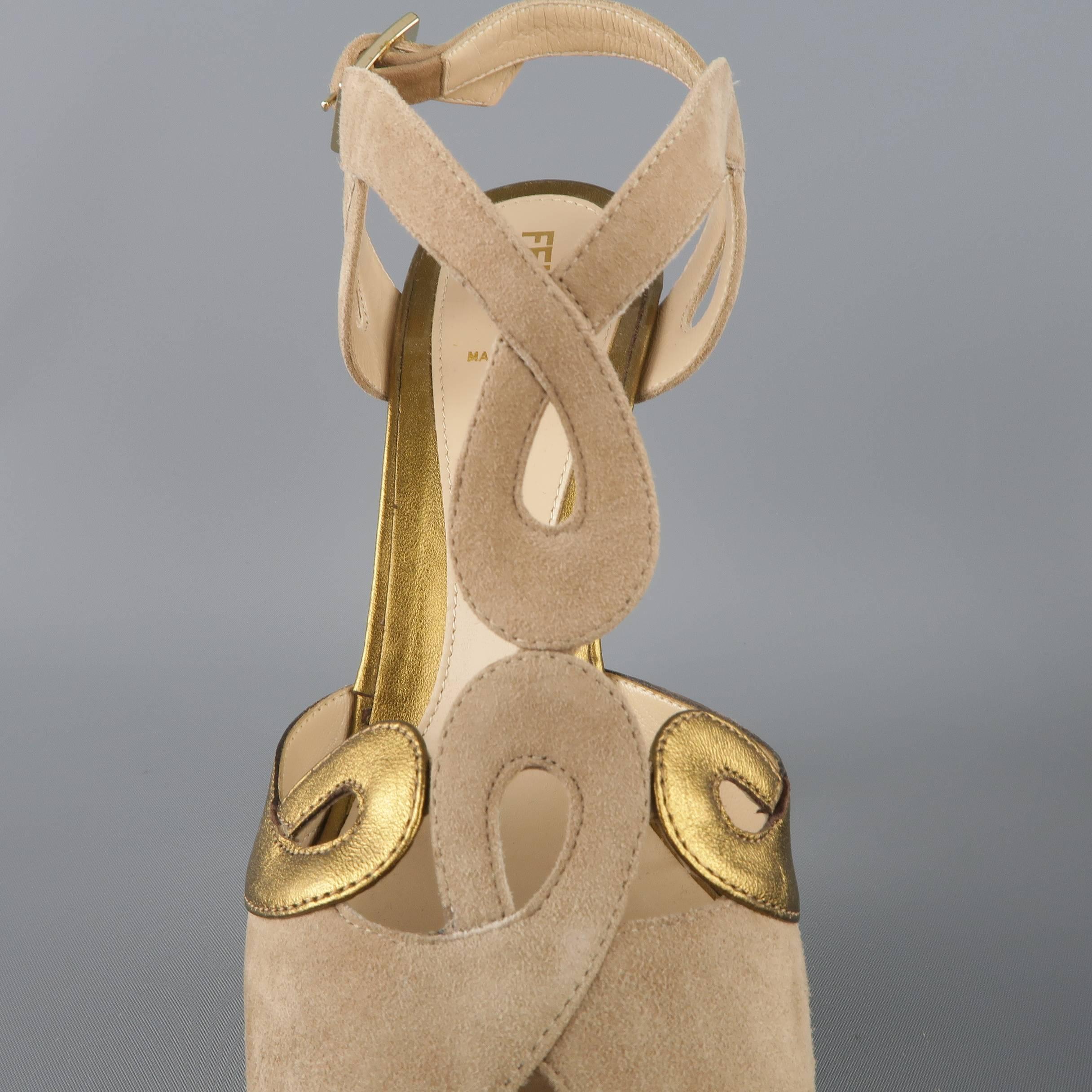 FENDI Size 9 Taupe Suede & Metallic Gold Leather Peep Toe Platform Sandals 1