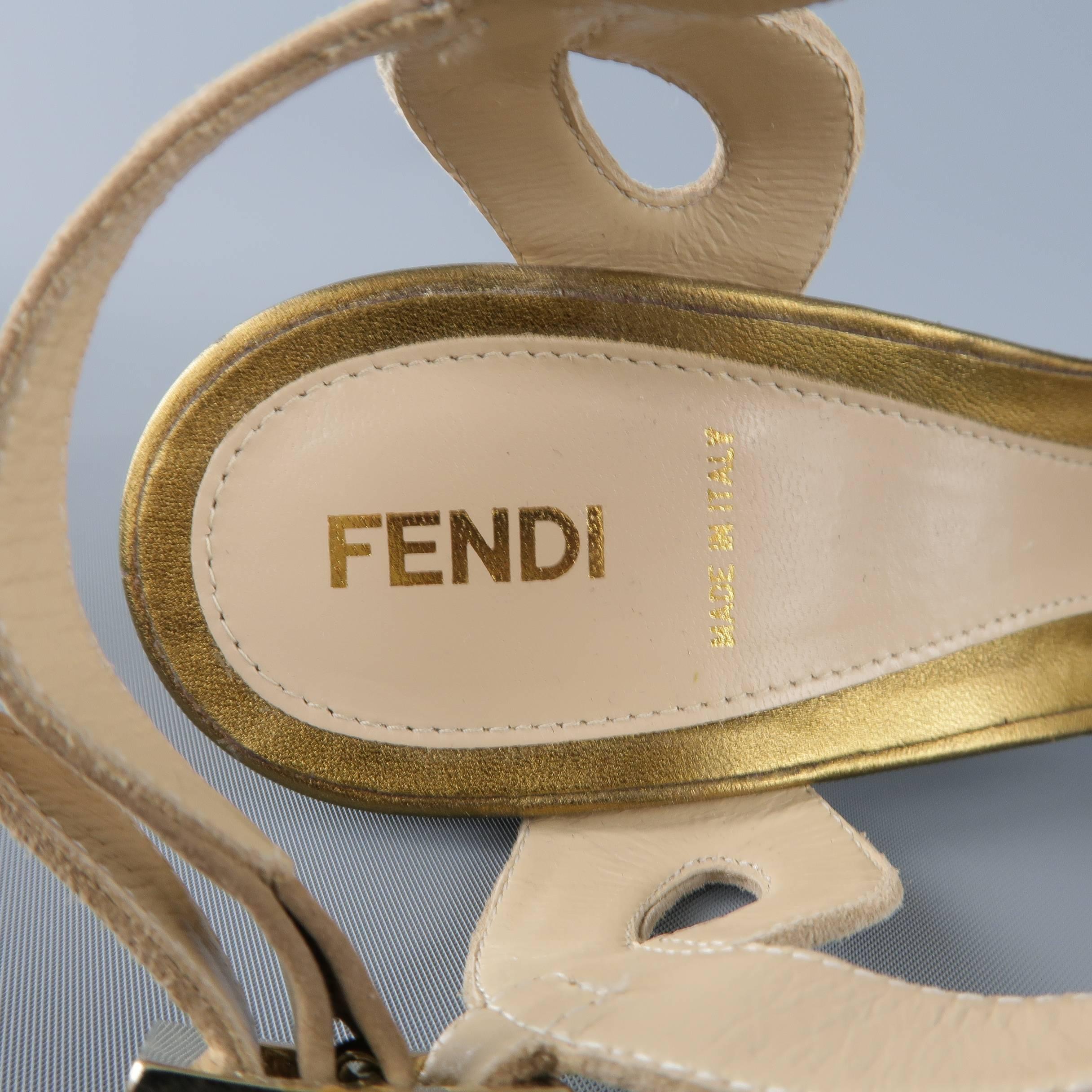 FENDI Size 9 Taupe Suede & Metallic Gold Leather Peep Toe Platform Sandals 4