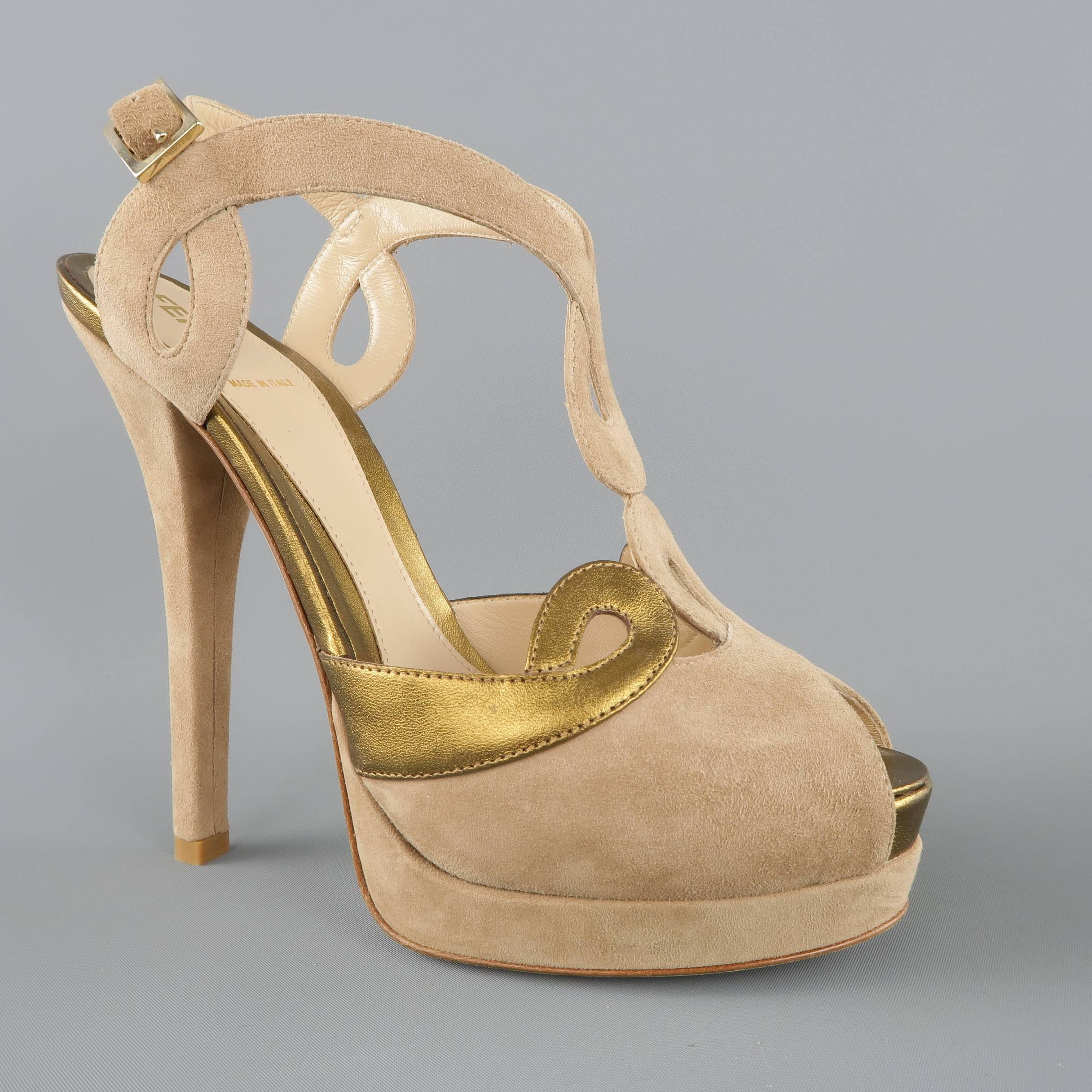 FENDI sandals come in  taupe suede and feature a peep toe, covered heel and platform, and cutout loop T strap with metallic gold details. Worn once. Made in Italy.
 
Excellent Pre-Owned Condition.
Marked: IT 39
 
Heel: 1.25 in.
Platform: 6 in.
