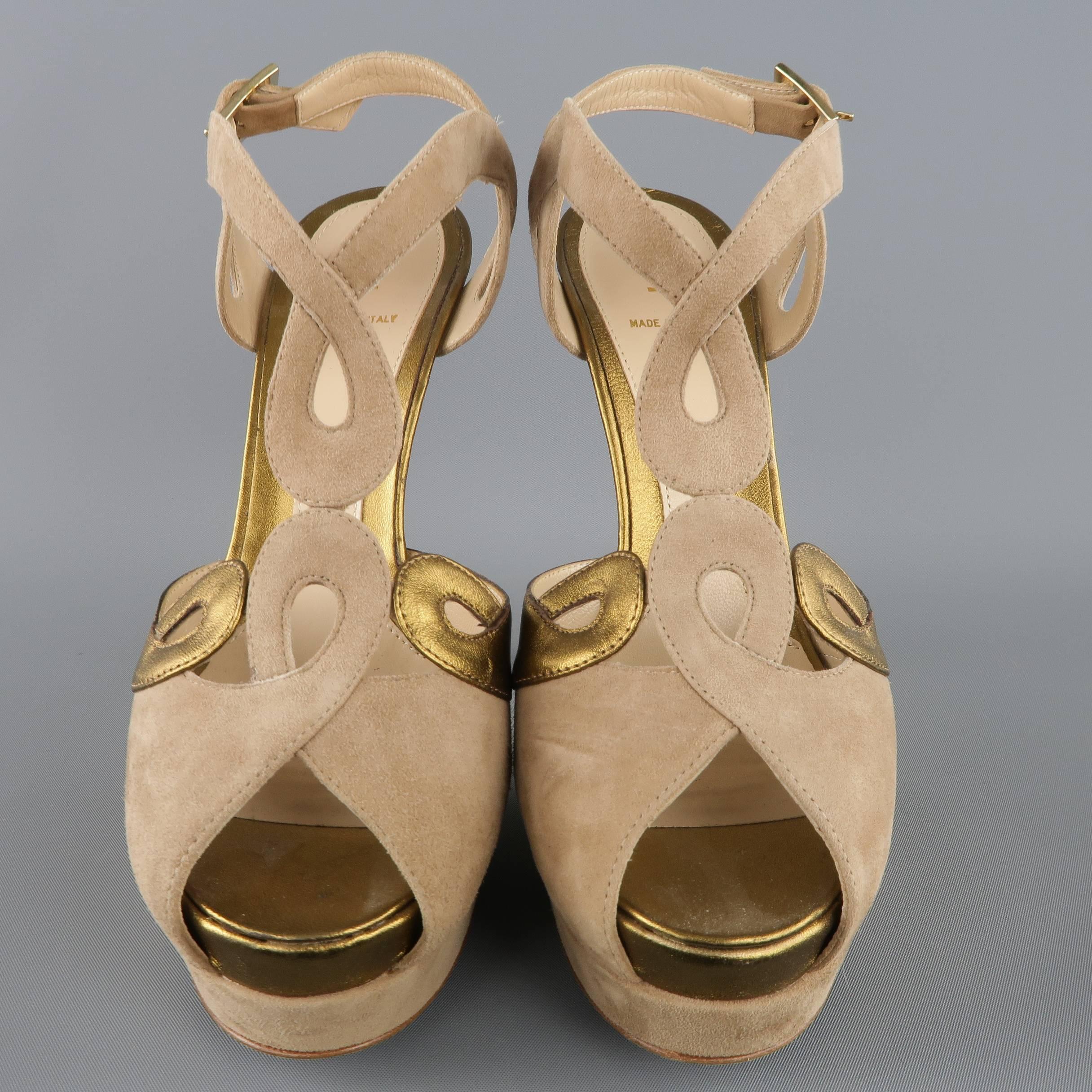 Women's FENDI Size 9 Taupe Suede & Metallic Gold Leather Peep Toe Platform Sandals