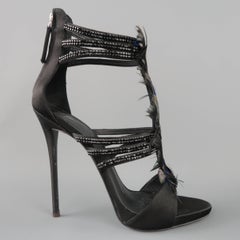 GIUSEPPE ZANOTTI Size 8.5 Black Peacock Feather Rhinestone Strap Coline Sandals
