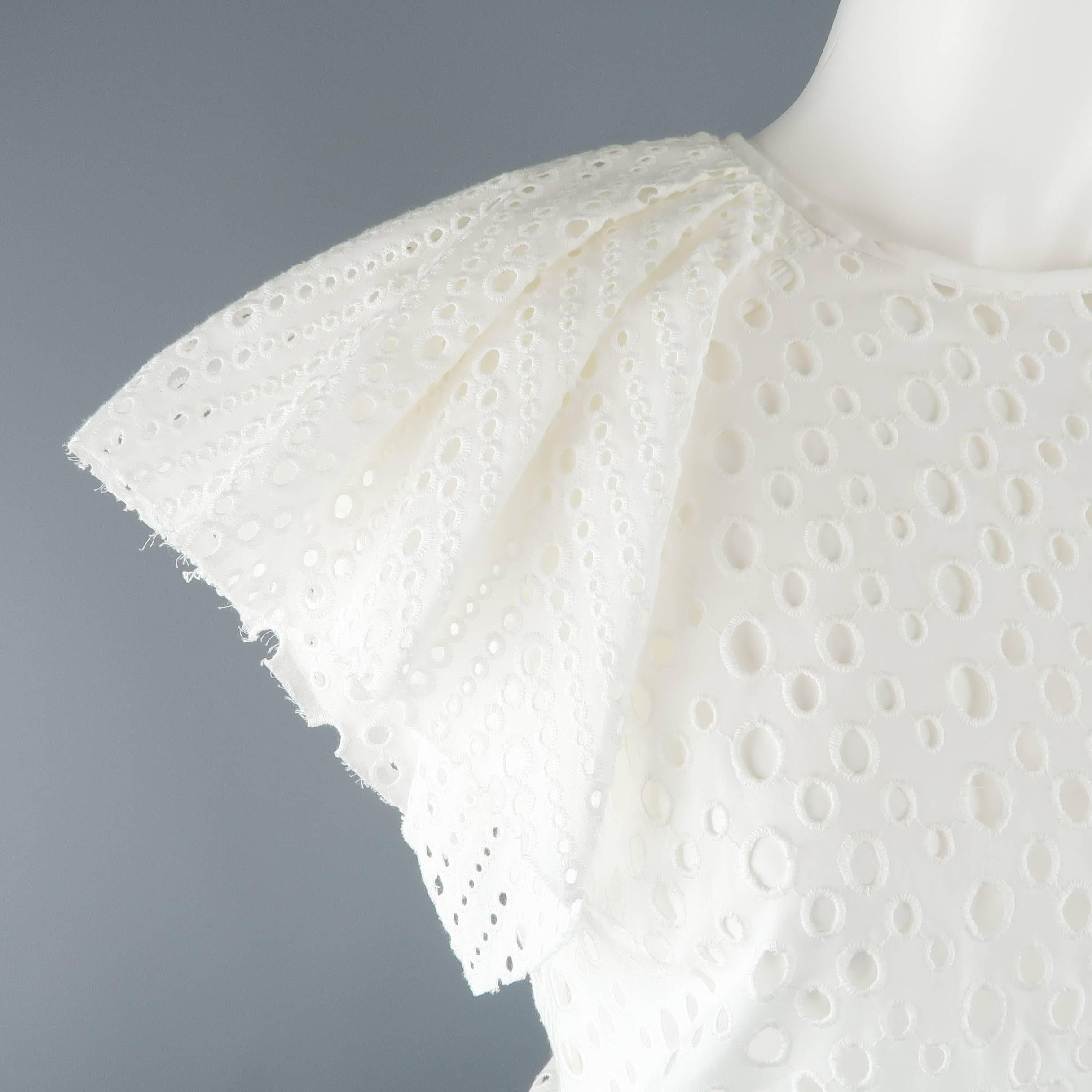 Gray ISABEL MARANT Size S White Perforatd Cotton Asymmetrical Ruffle Sleeve Dress Top