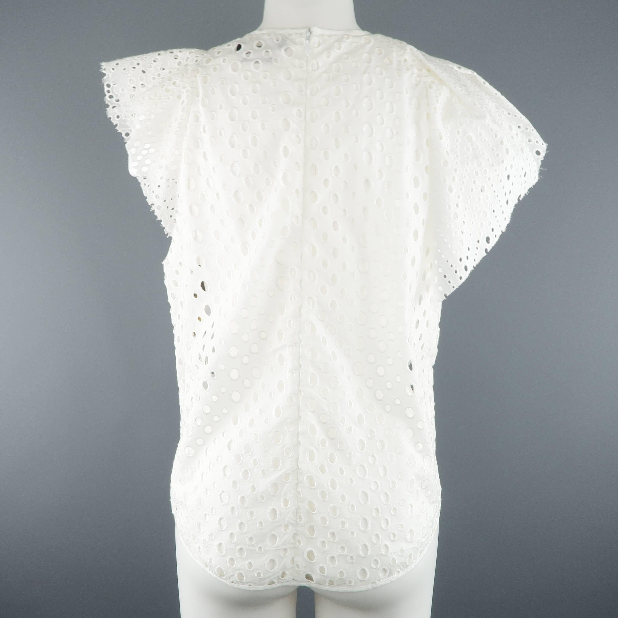 ISABEL MARANT Size S White Perforatd Cotton Asymmetrical Ruffle Sleeve Dress Top 2