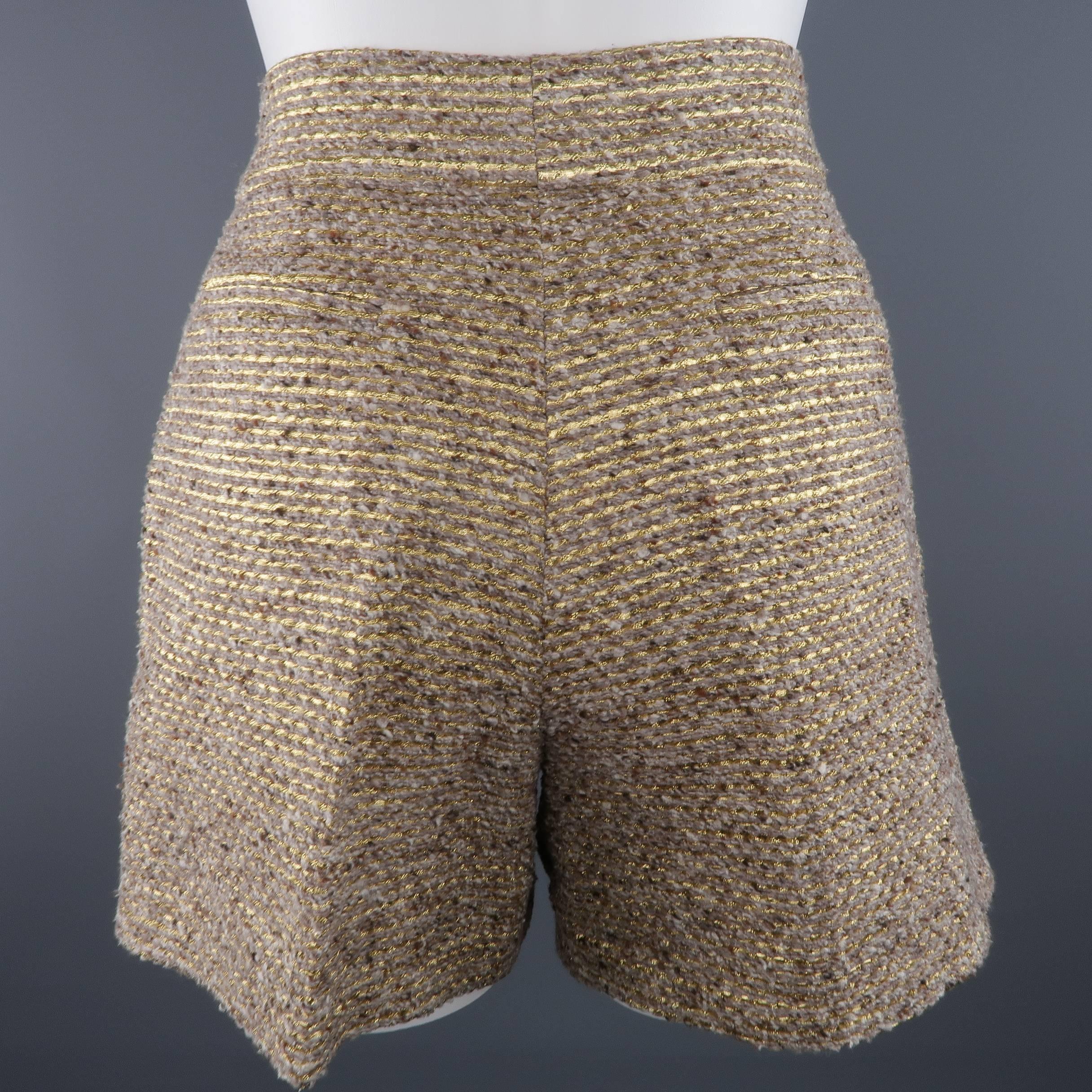 Brown CHLOE Size 2 Metallic Gold & Beige Wool / Silk Striped Tweed Shorts