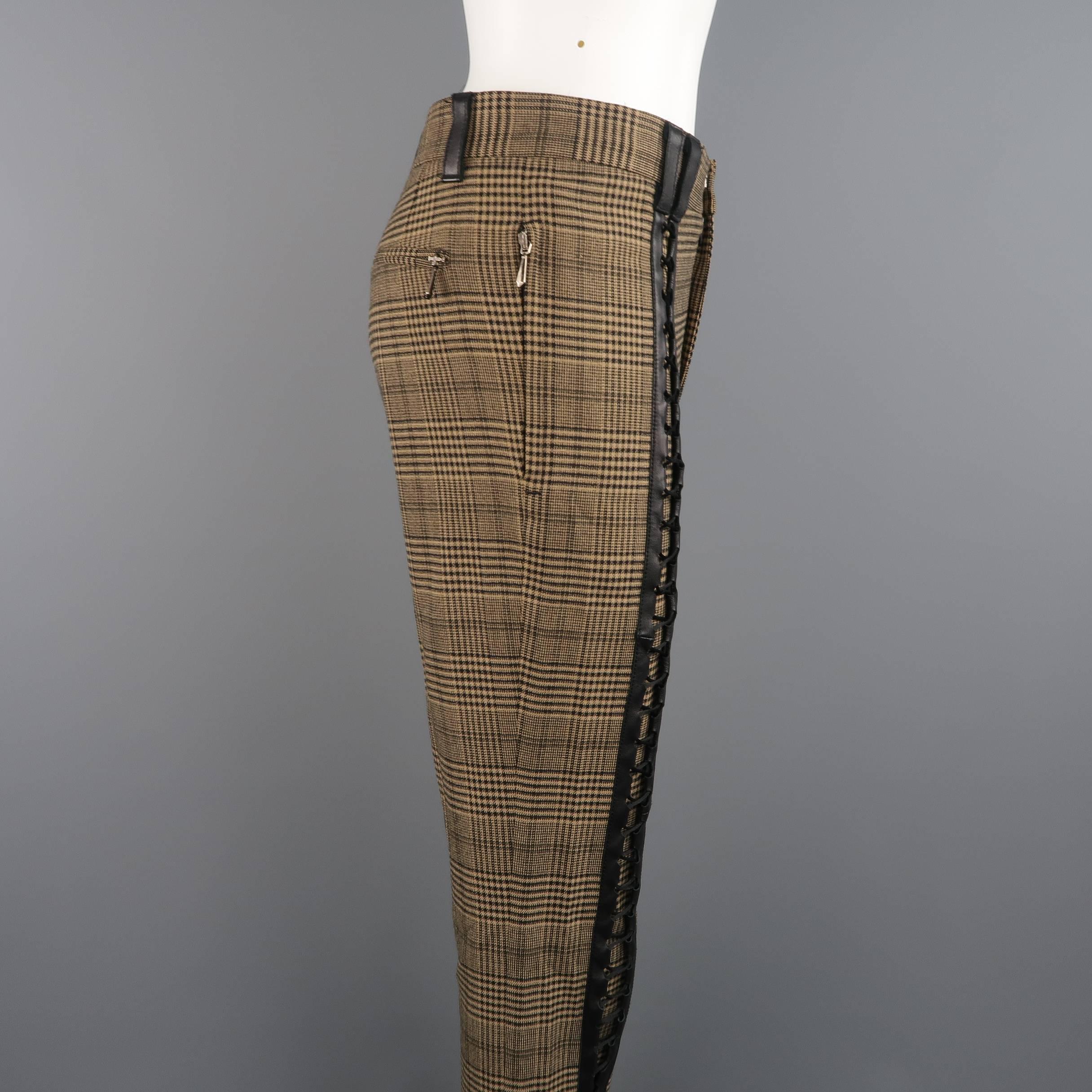 JEAN PAUL GAULTIER Size 30 Tan Glenplaid Wool Blend Leather Lace Up Pants In Excellent Condition In San Francisco, CA