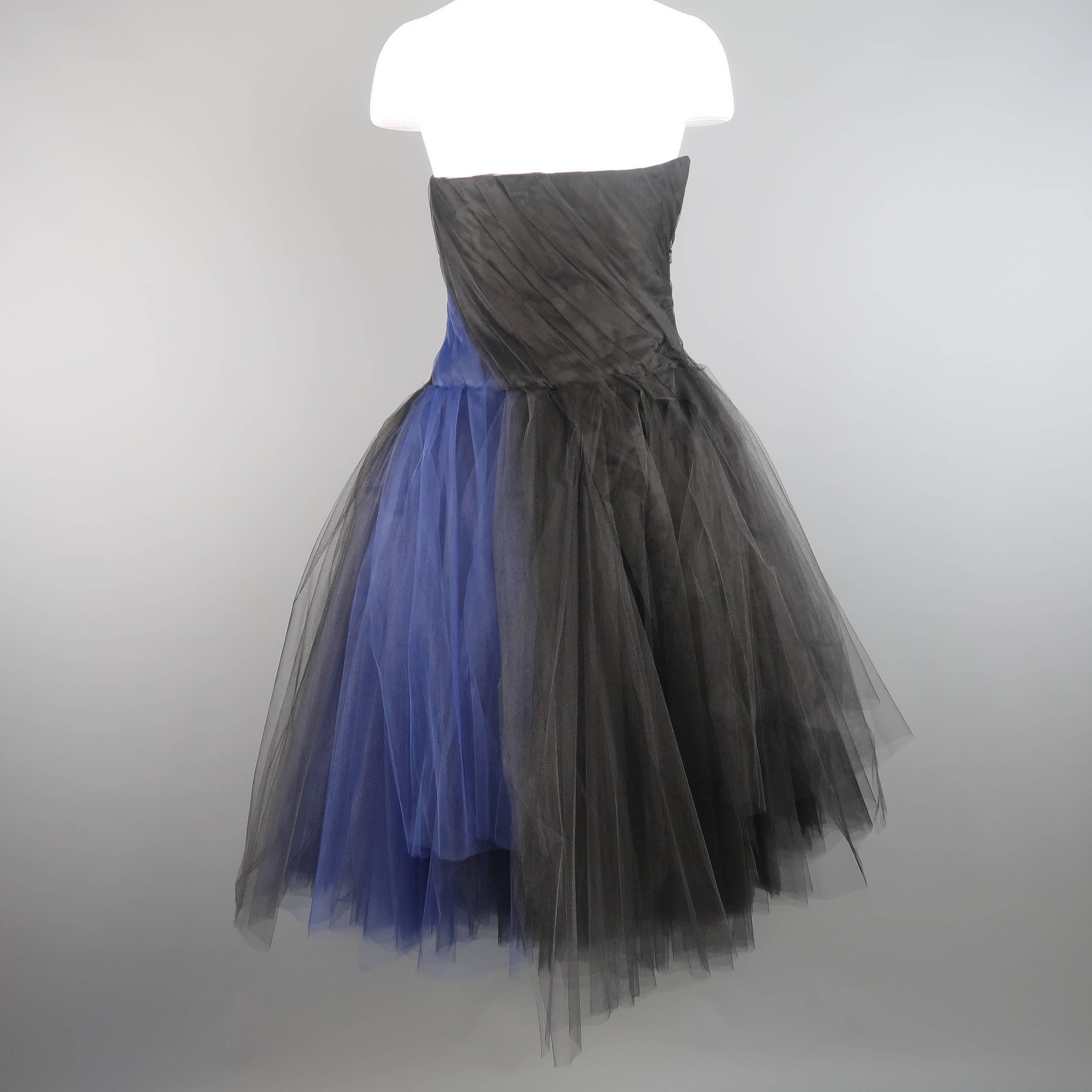 Women's Oscar de la Renta Dress - Black and Blue Tulle Bustier Cocktail 
