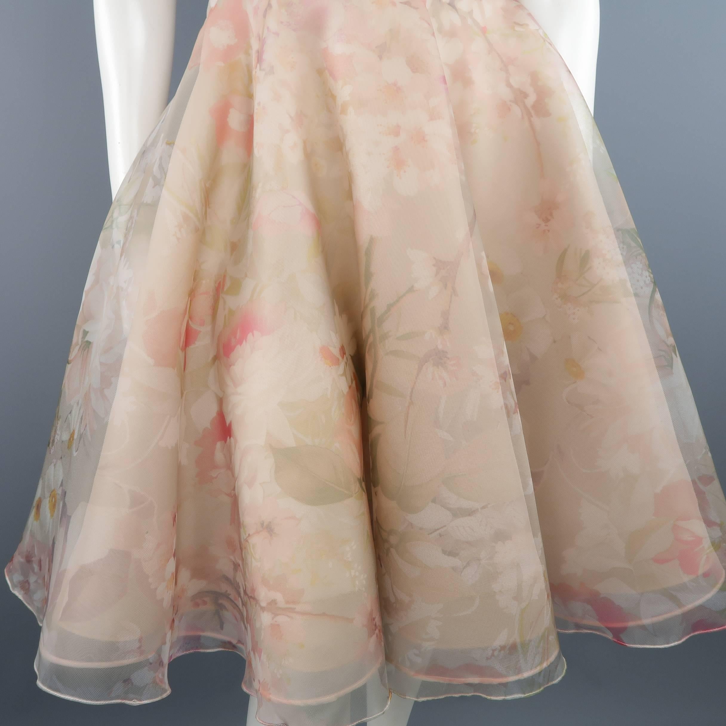 Dennis Basso Dress - Pink Floral Silk Embellished Bustier Cocktail In Excellent Condition In San Francisco, CA