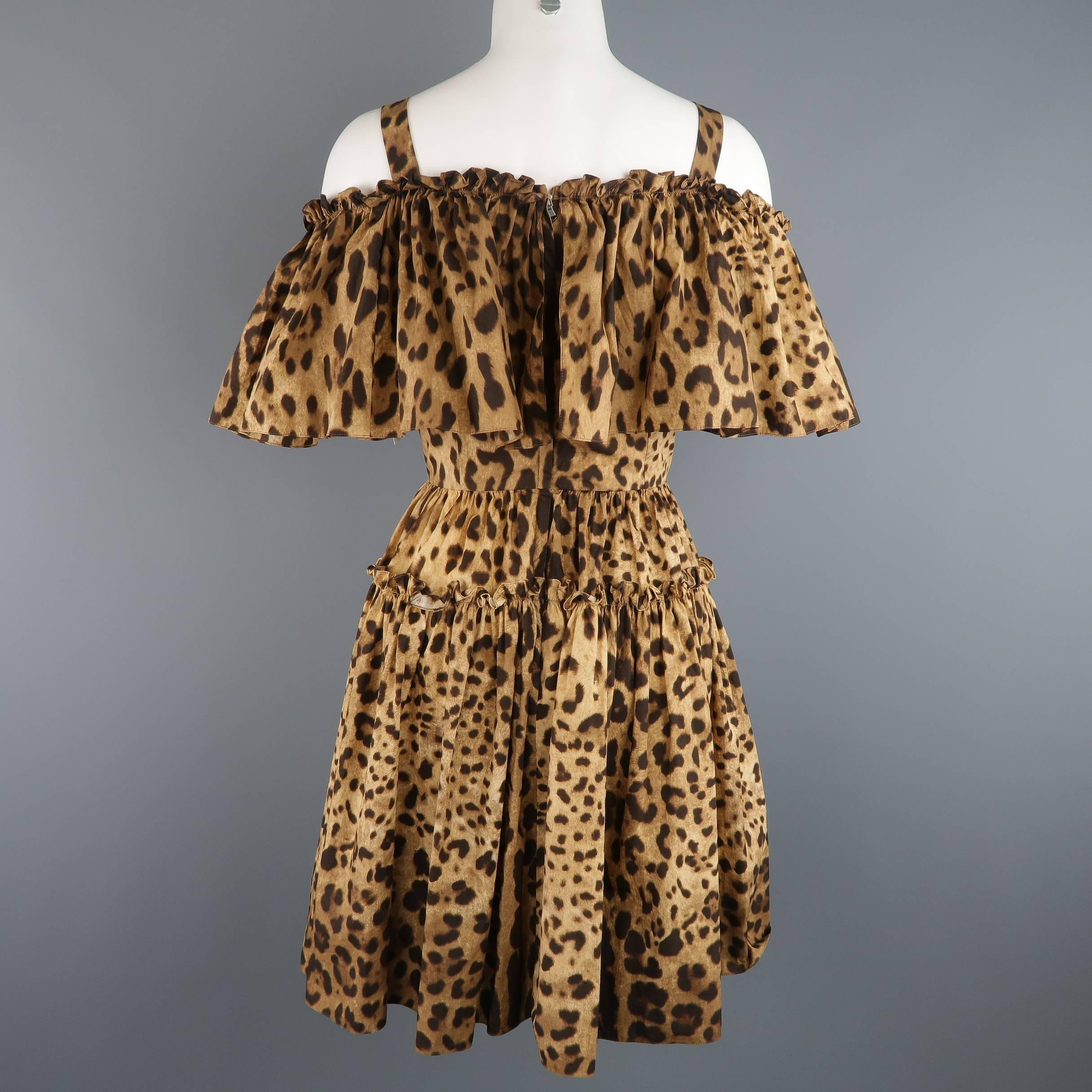 Women's DOLCE & GABBANA Size 6 Tan Leopard Cotton Off The Shoulder Ruffle Dress