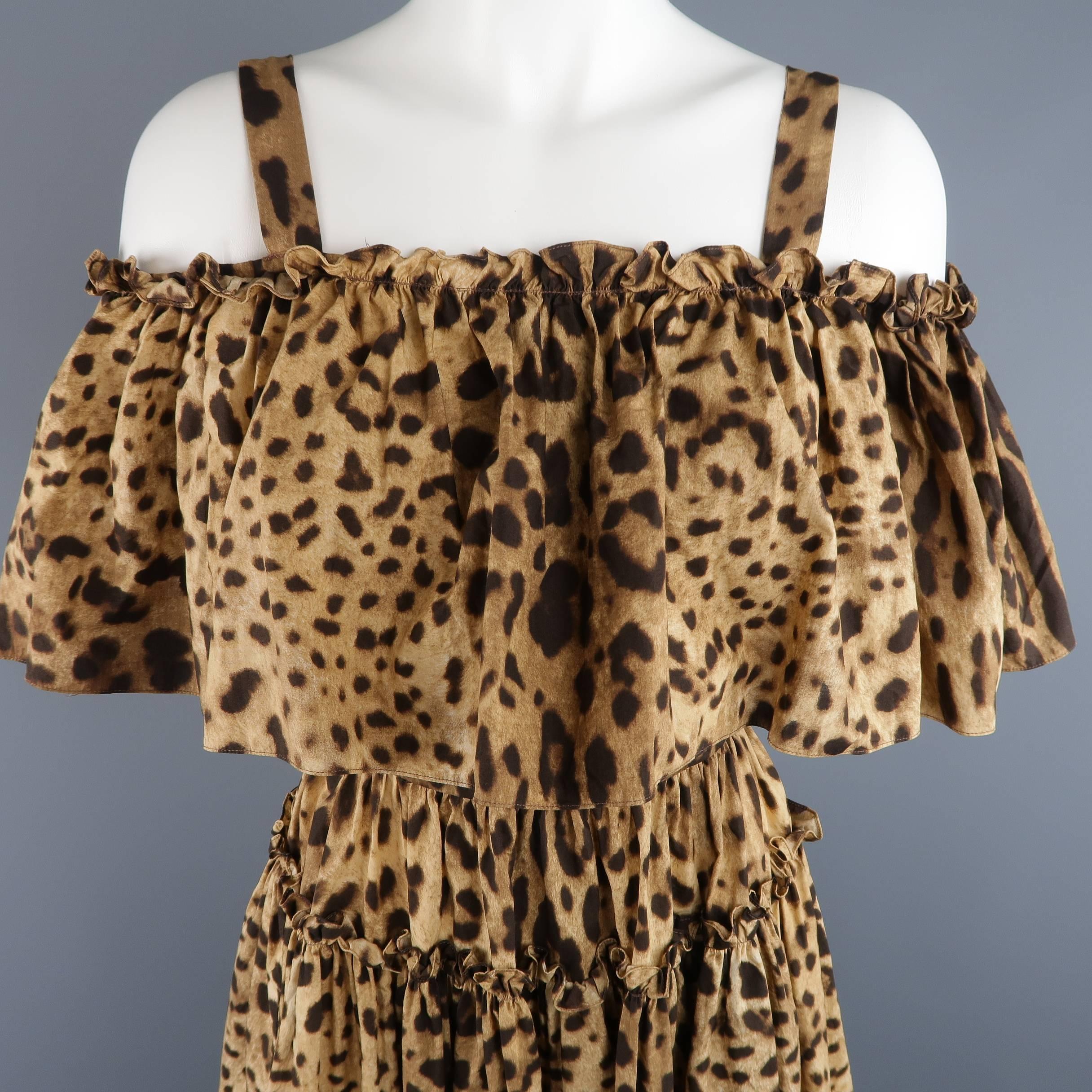 DOLCE & GABBANA Size 6 Tan Leopard Cotton Off The Shoulder Ruffle Dress In Excellent Condition In San Francisco, CA