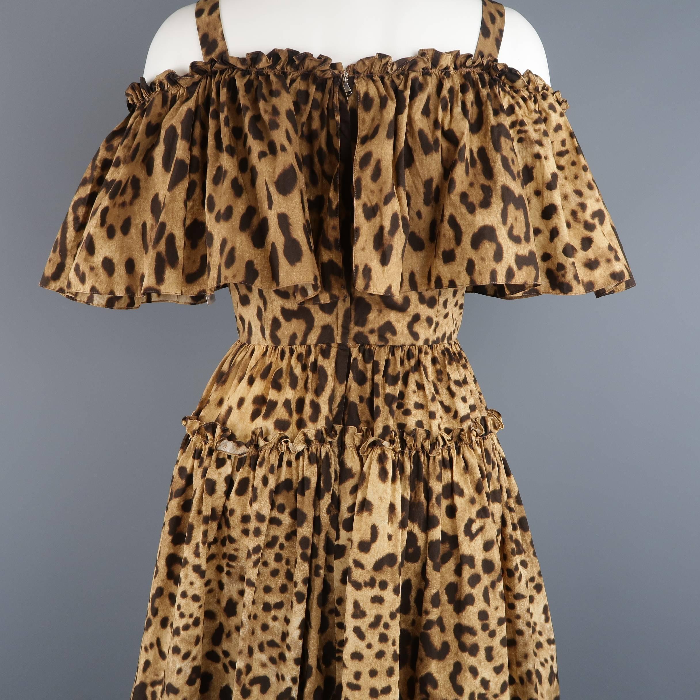 DOLCE & GABBANA Size 6 Tan Leopard Cotton Off The Shoulder Ruffle Dress 1