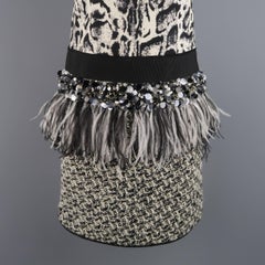 Giambattista Valli Black and White Leopard Tweed Sequin Feather Cocktail Dress